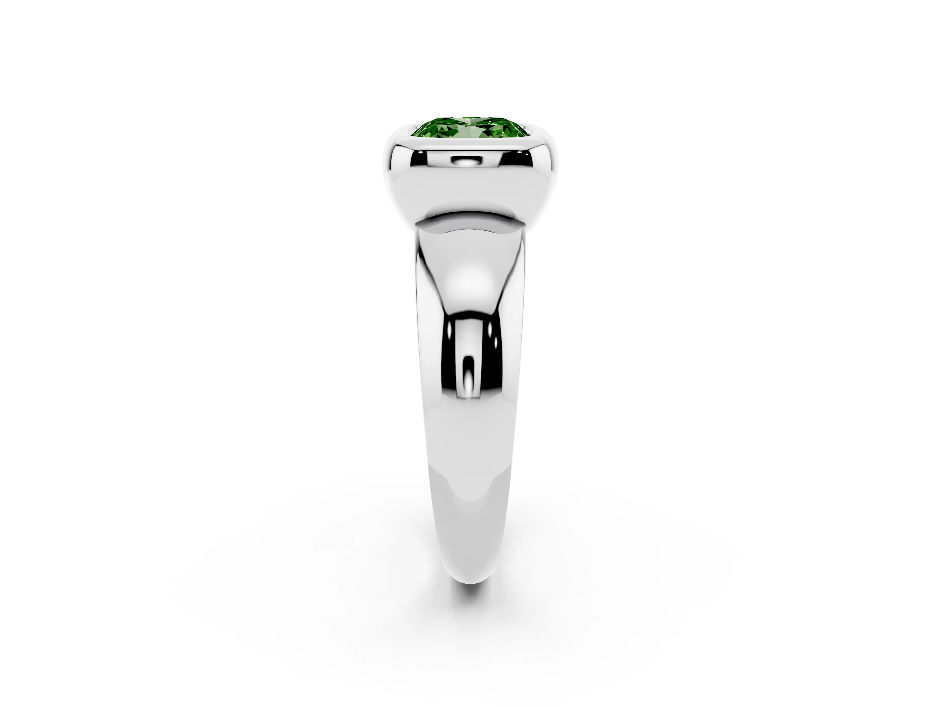 Fancy Green Bezel Set Cushion Cut Diamond Solitaire Ring Set in Silver with Wide Band