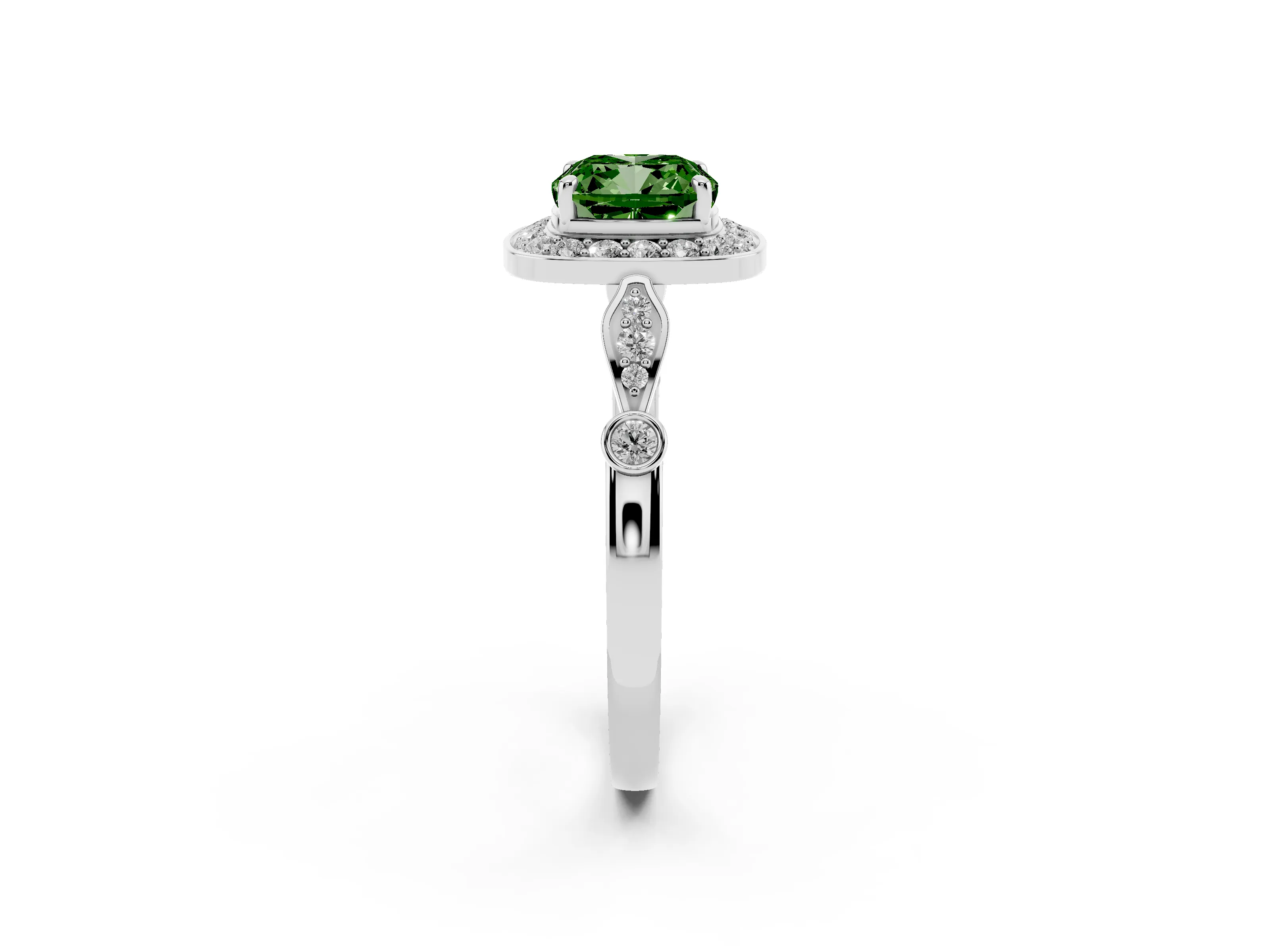 Fancy Green Cushion Cut Diamond Halo Engagement Ring Set in Silver with Twisted Band and Prong Setting