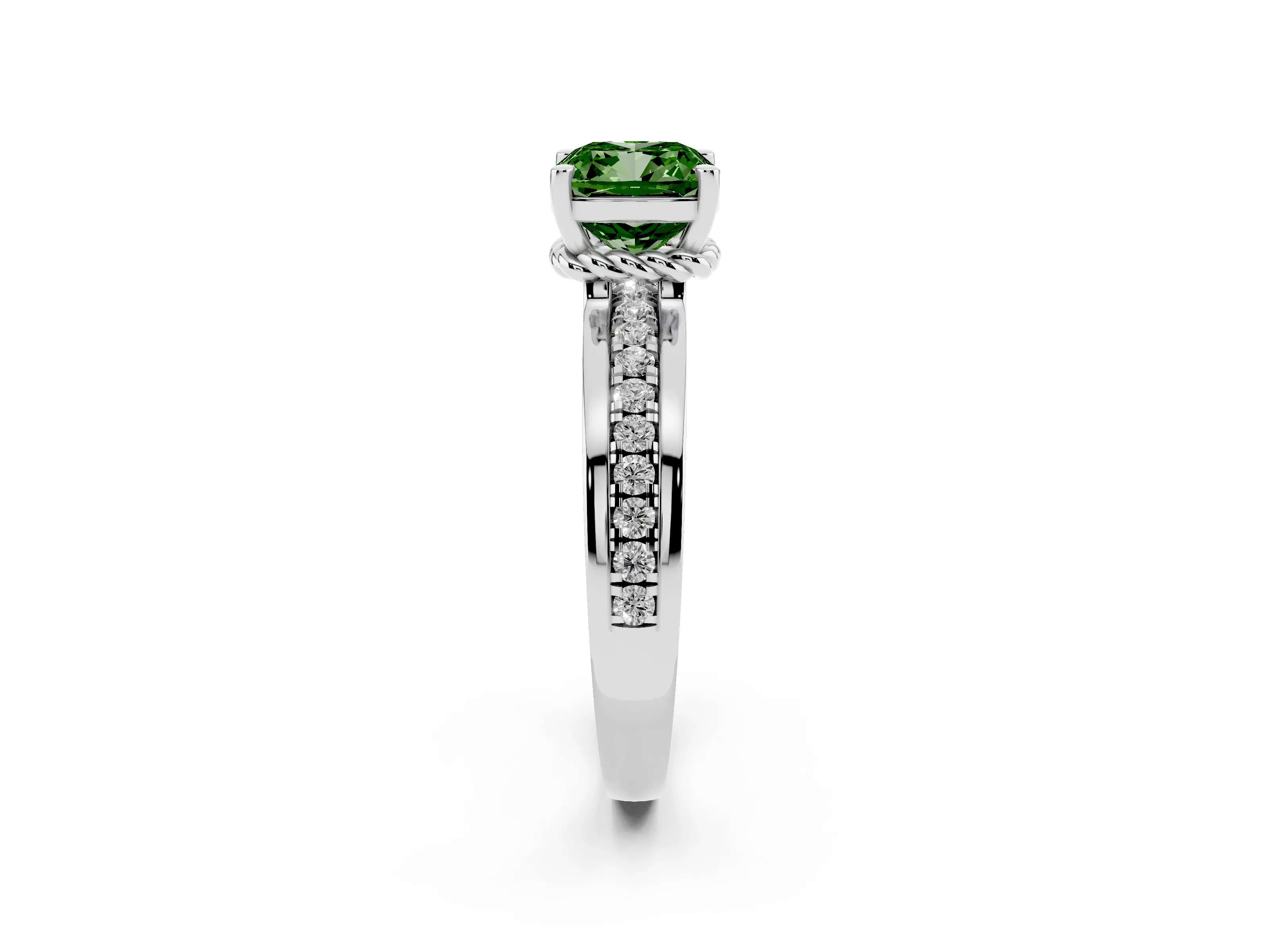 Fancy Green Cushion Cut Diamond Solitaire Ring Set in Silver with Channel Set Band and Prong Setting