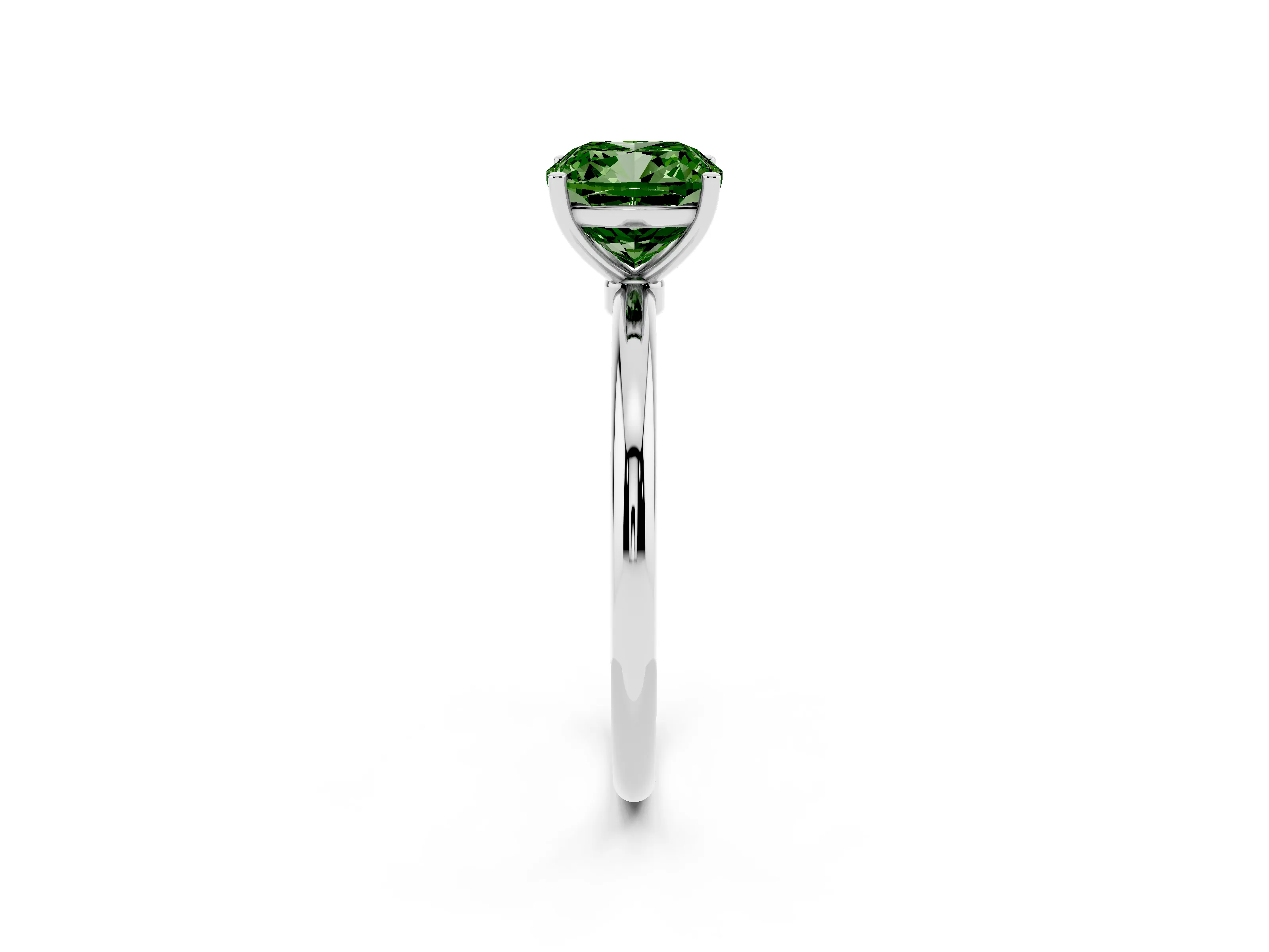 Fancy Green Cushion Cut Diamond Solitaire Engagement Ring Set in White gold with Thin Band and Prong Setting