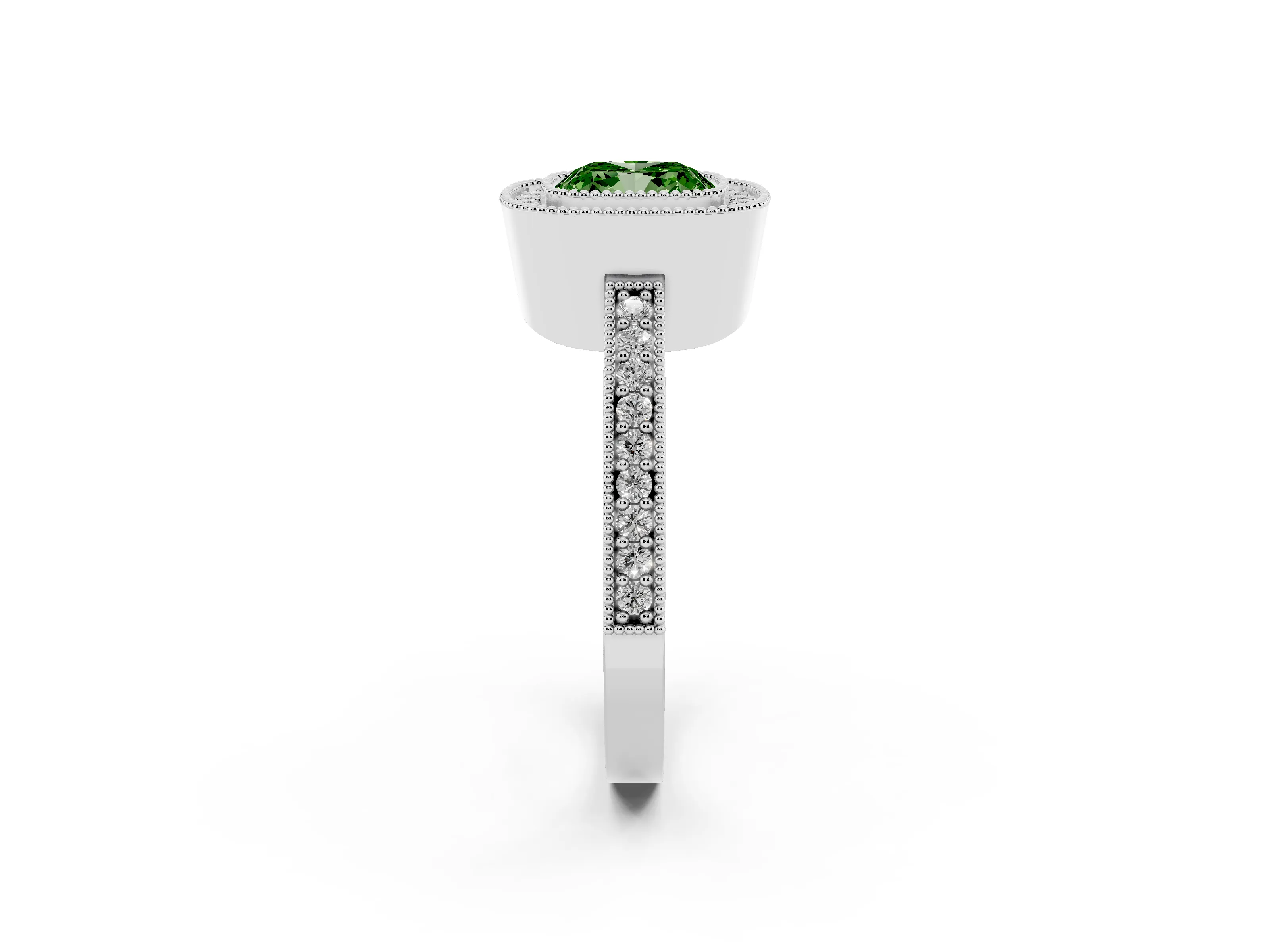 Fancy Green Cushion Cut Diamond Halo Engagement Ring Set in White gold with Pavé Band and Round Halo Stones
