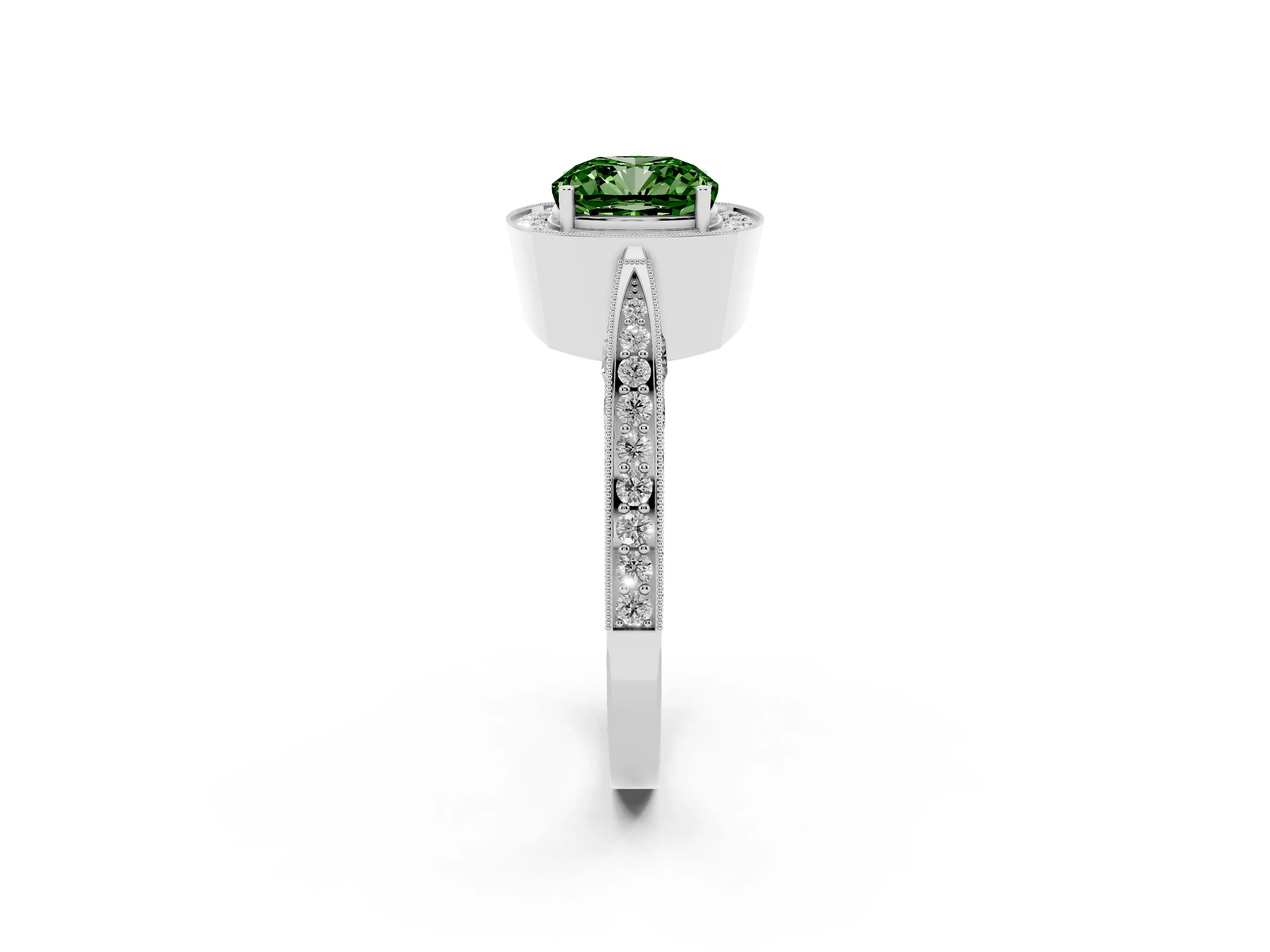 Fancy Green Cushion Cut Diamond Halo Engagement Ring Set in Platinum with Accent Split Shank Band