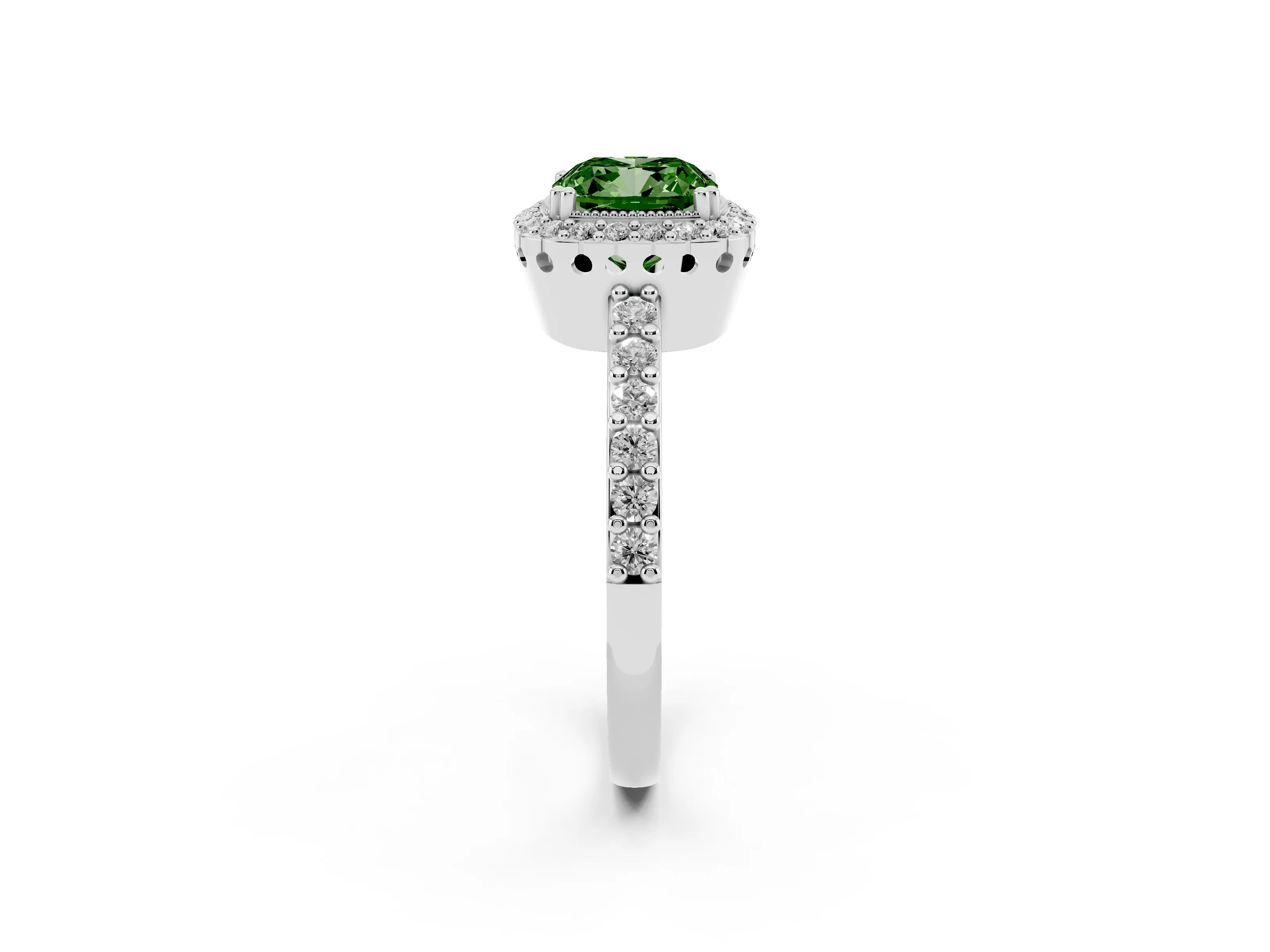 Fancy Green Cushion Cut Diamond Halo Engagement Ring Set in Silver with Milgrain Detail and Pavé Band
