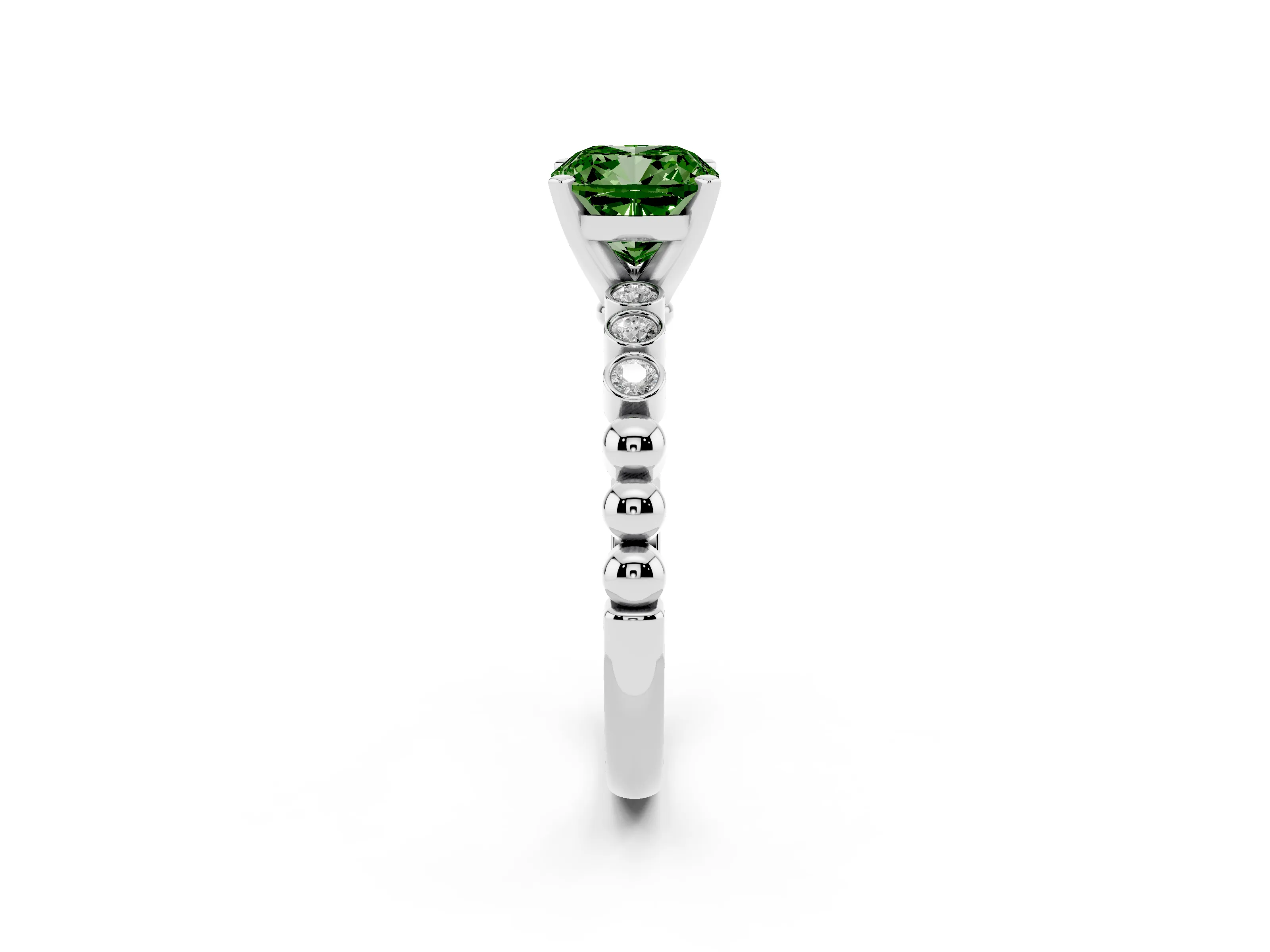 Fancy Green Cushion Cut Diamond Solitaire Engagement Ring Set in Platinum with Bezel Accents on Beaded Band