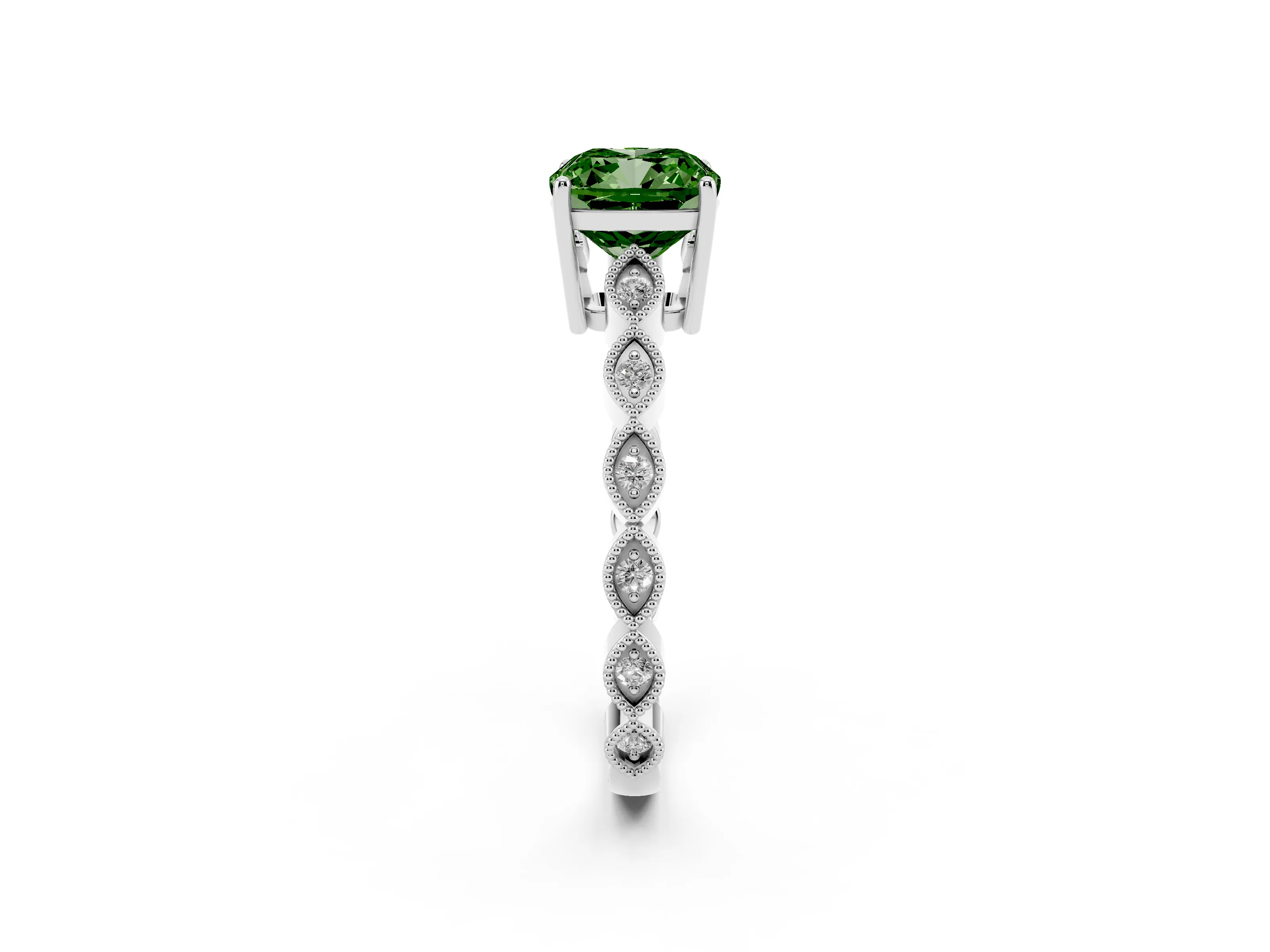 Fancy Green Cushion Cut Diamond Solitaire Ring Set in White gold with Infinity Twist Pavé Band