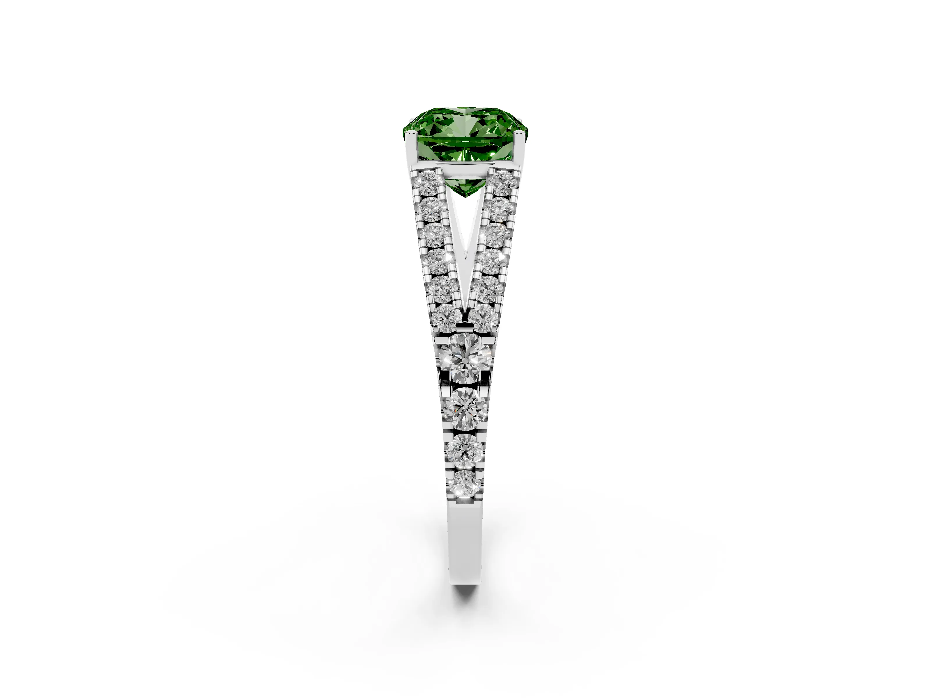 Fancy Green Cushion Cut Diamond Split Shank Pavé Engagement Ring Set in Silver with Prong-Held Center Stone