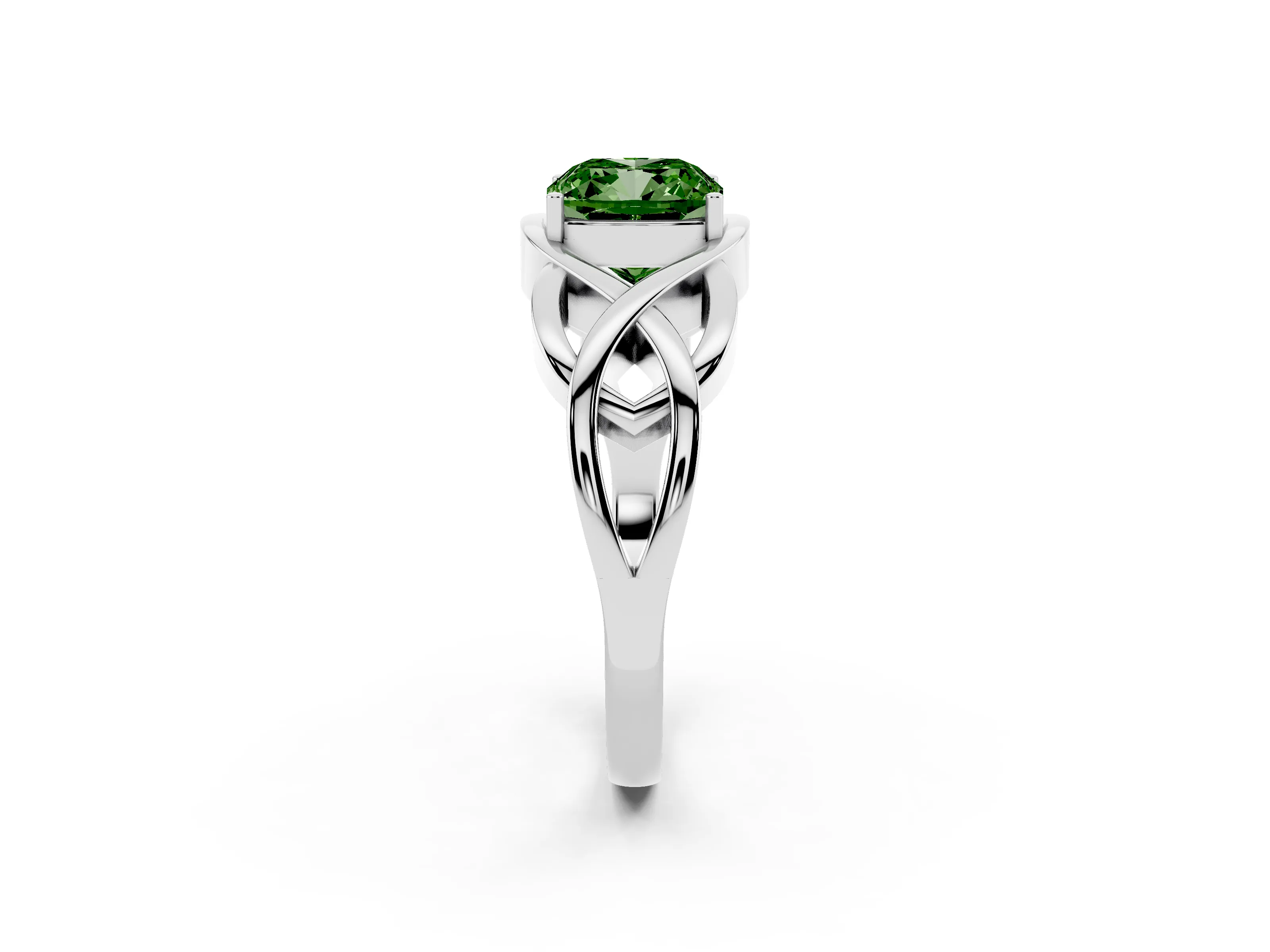 Fancy Green Cushion Cut Diamond Solitaire Ring Set in Silver with Intertwined Band
