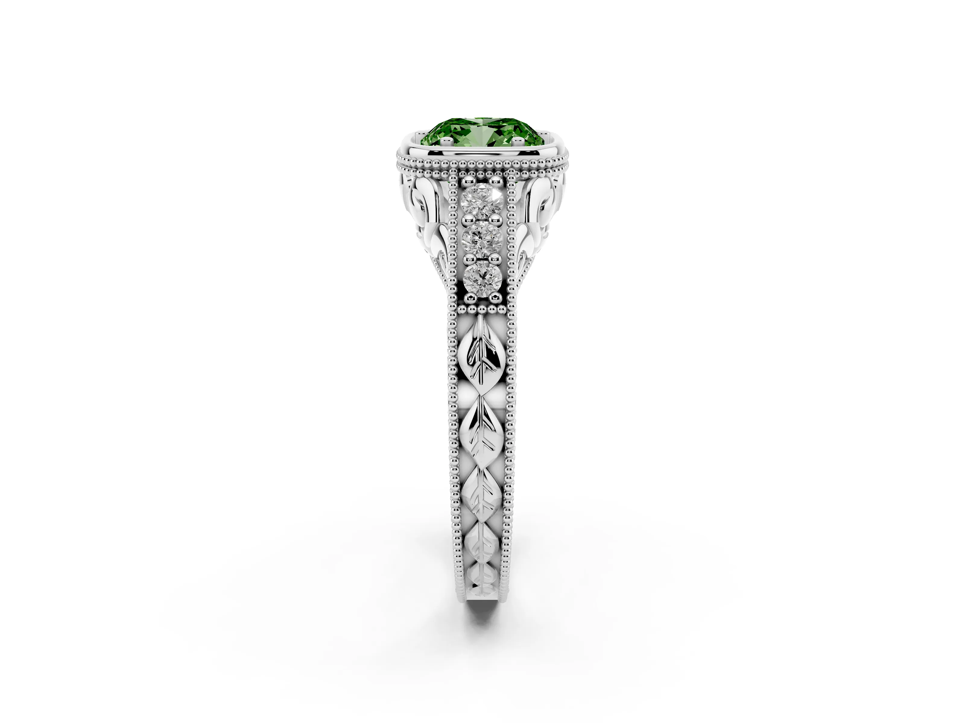 Fancy Green Bezel Set Cushion Cut Diamond Milgrain Pavé Engagement Ring Set in Silver