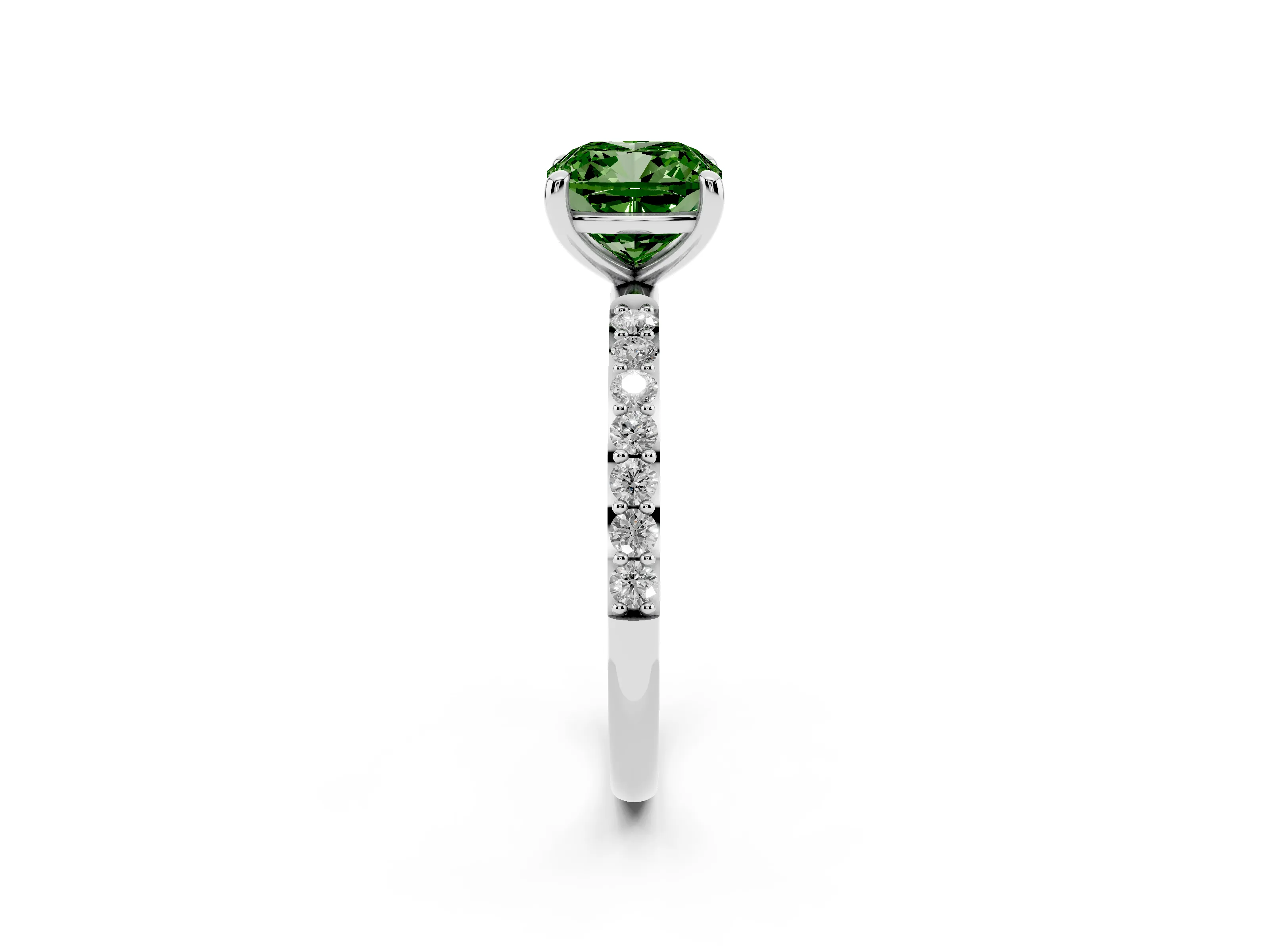 Fancy Green Cushion Cut Diamond Solitaire Ring Set in Silver with Round Pavé Band and Prong Setting