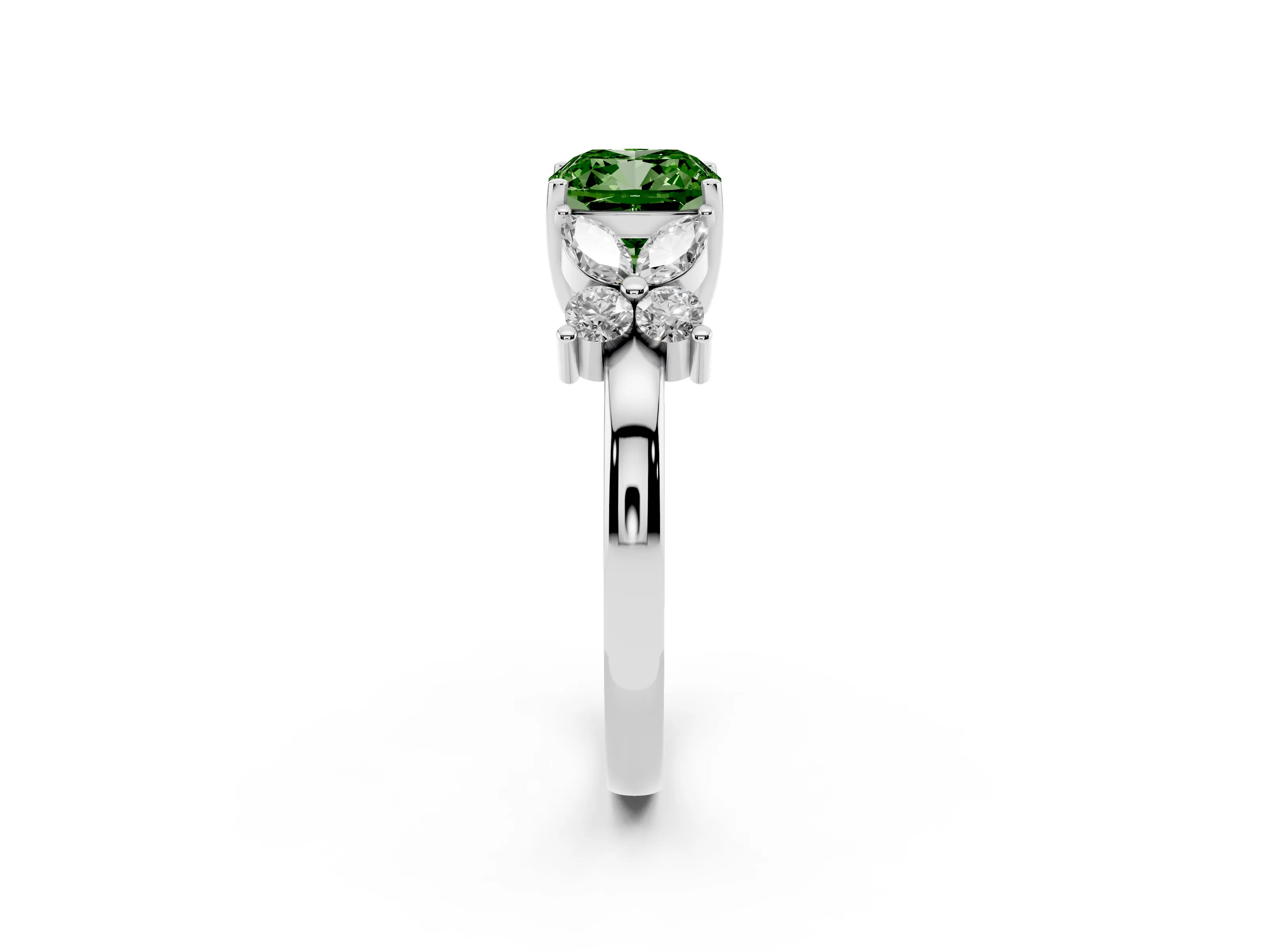 Fancy Green Cushion Cut Diamond Floral Cluster Ring Set in White gold with Marquise Petals and Prong Setting