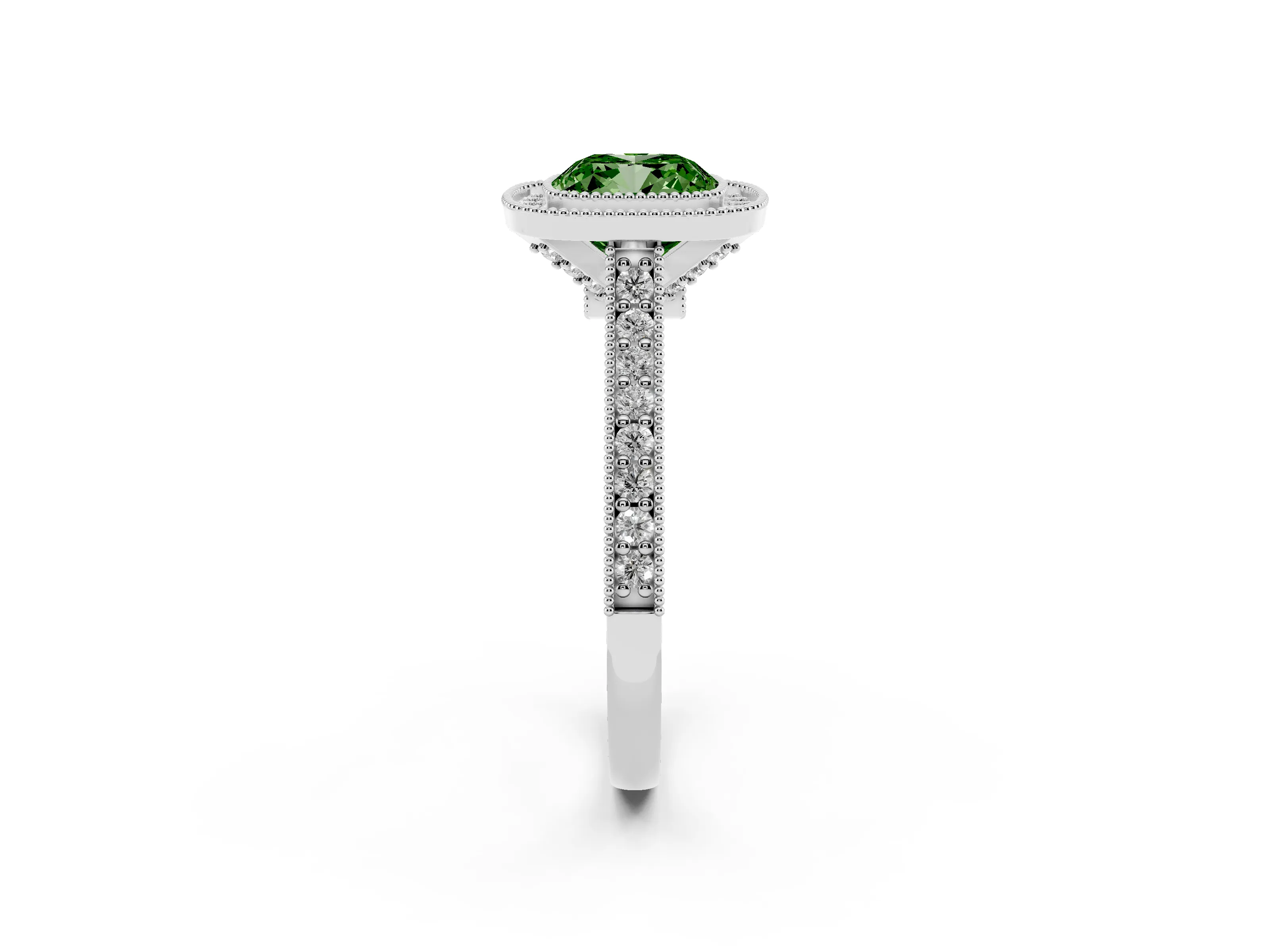 Fancy Green Cushion Cut Diamond Halo Milgrain Pavé Band Ring Set in Platinum with Prong Setting