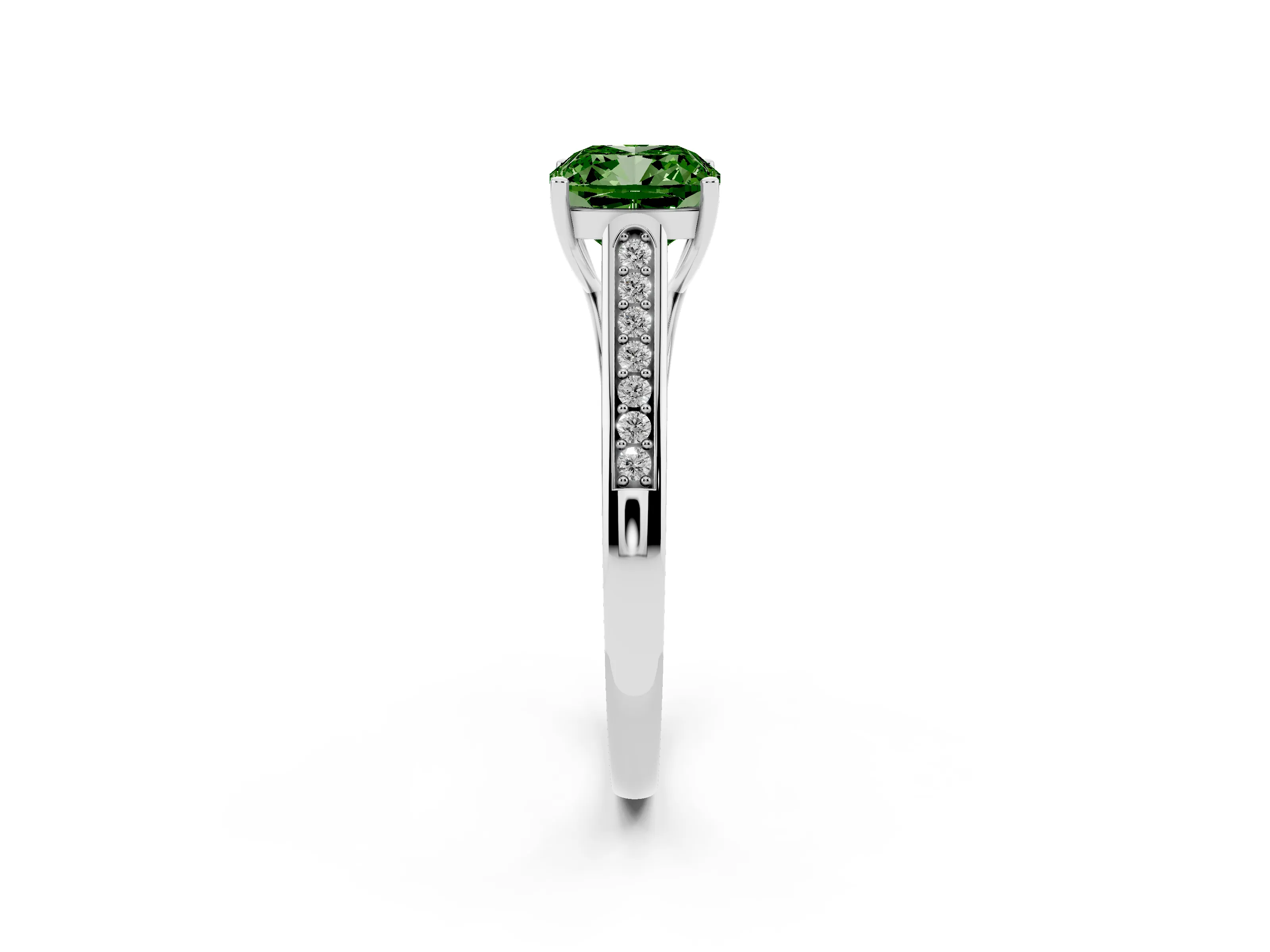 Fancy Green Cushion Cut Diamond Solitaire Cathedral Engagement Ring Set in Silver with Channel-Set Band and Prong Setting