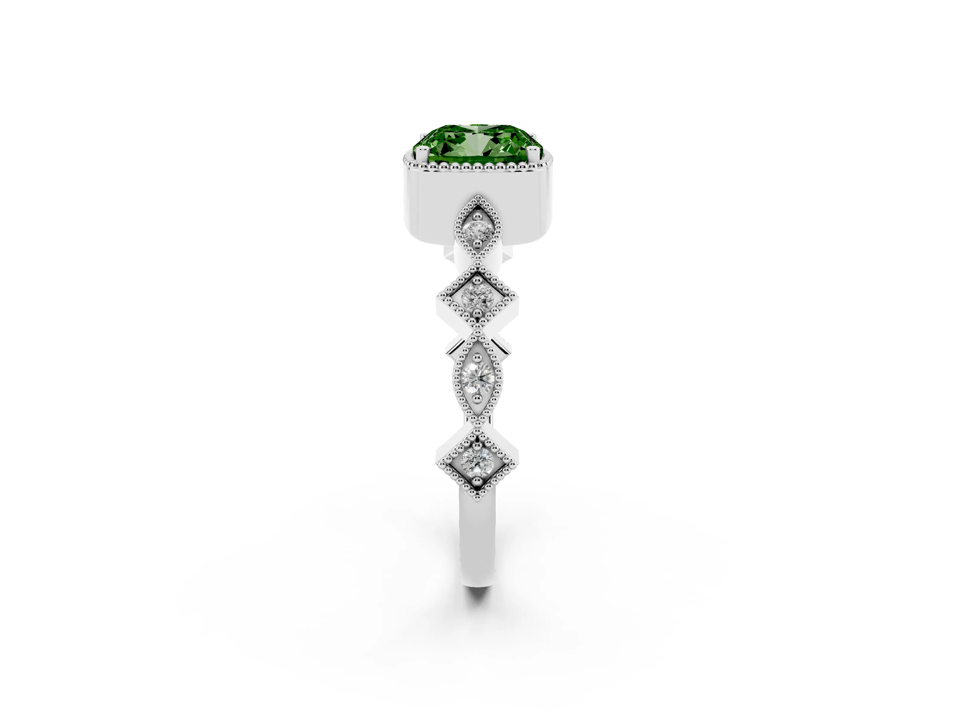 Fancy Green Cushion Cut Diamond Milgrain Marquise Twist Band Ring Set in White gold with Prong Setting