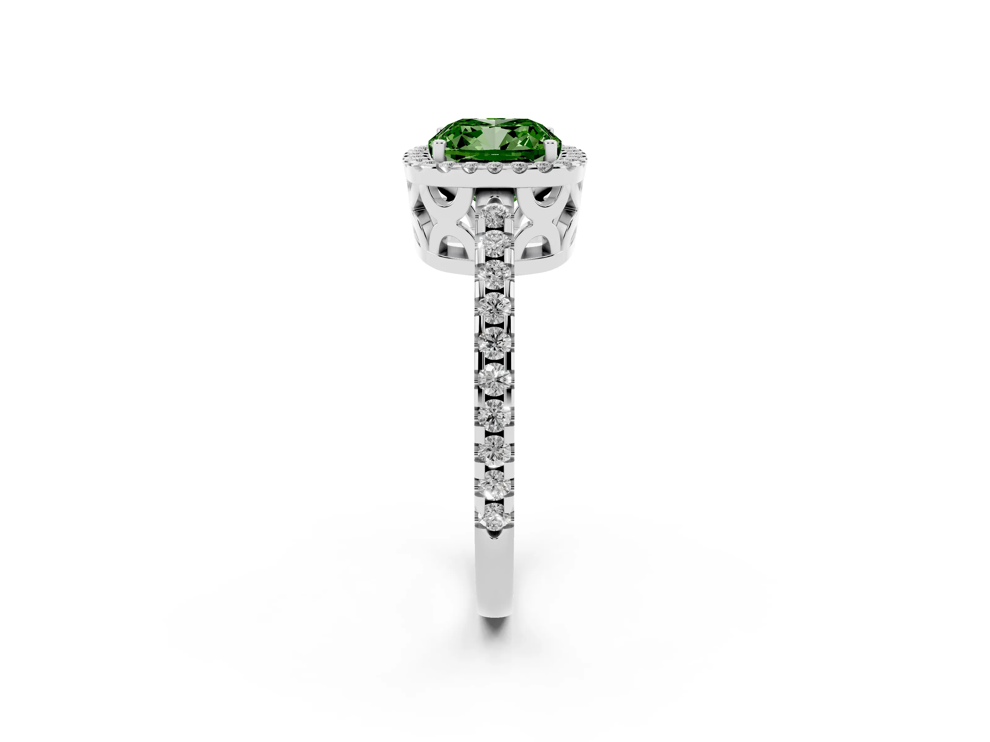 Fancy Green Cushion Cut Diamond Halo Ring Set in Silver with Pavé Shoulders and Halo-Framed Center