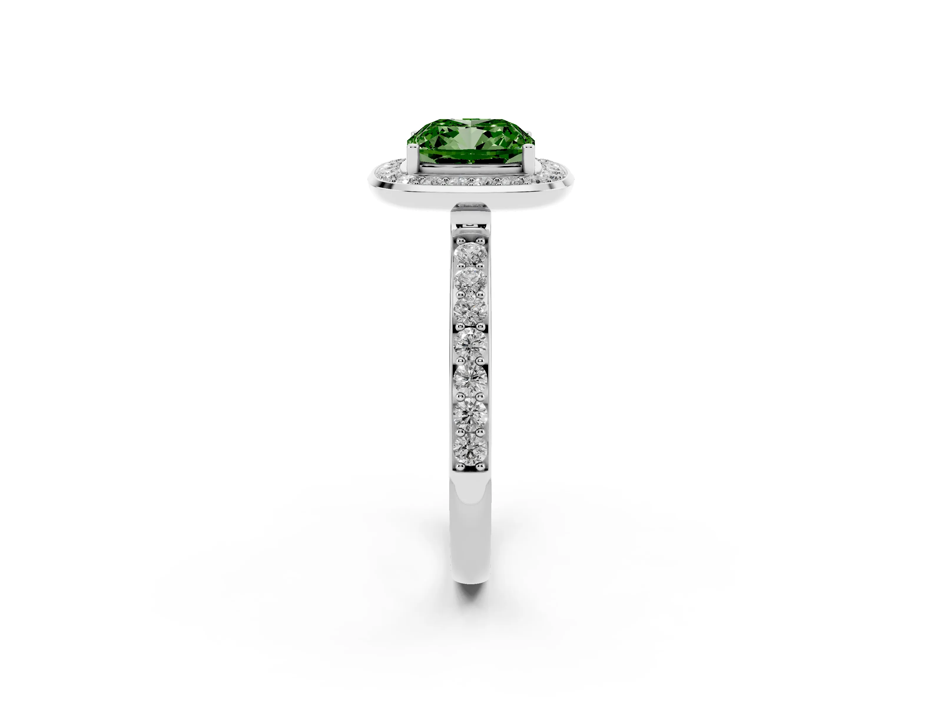 Fancy Green Cushion Cut Diamond Halo Ring Set in White gold with Bezel Frame and Pavé Band