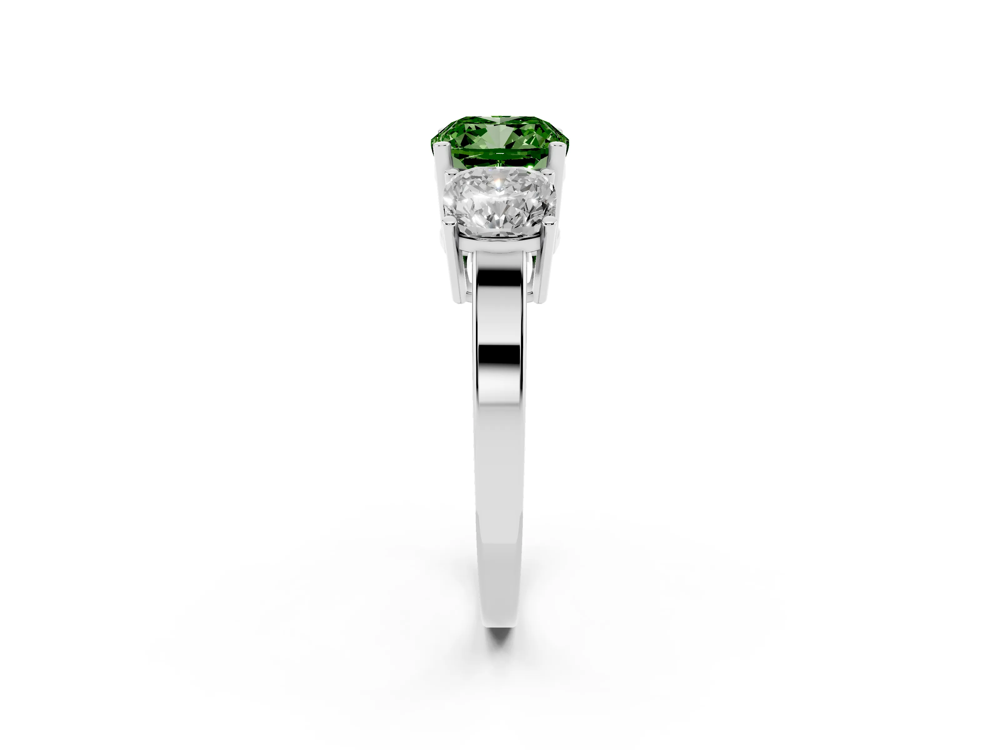 Fancy Green Cushion Cut Diamond Three-Stone Engagement Ring Set in Silver with Flat Band