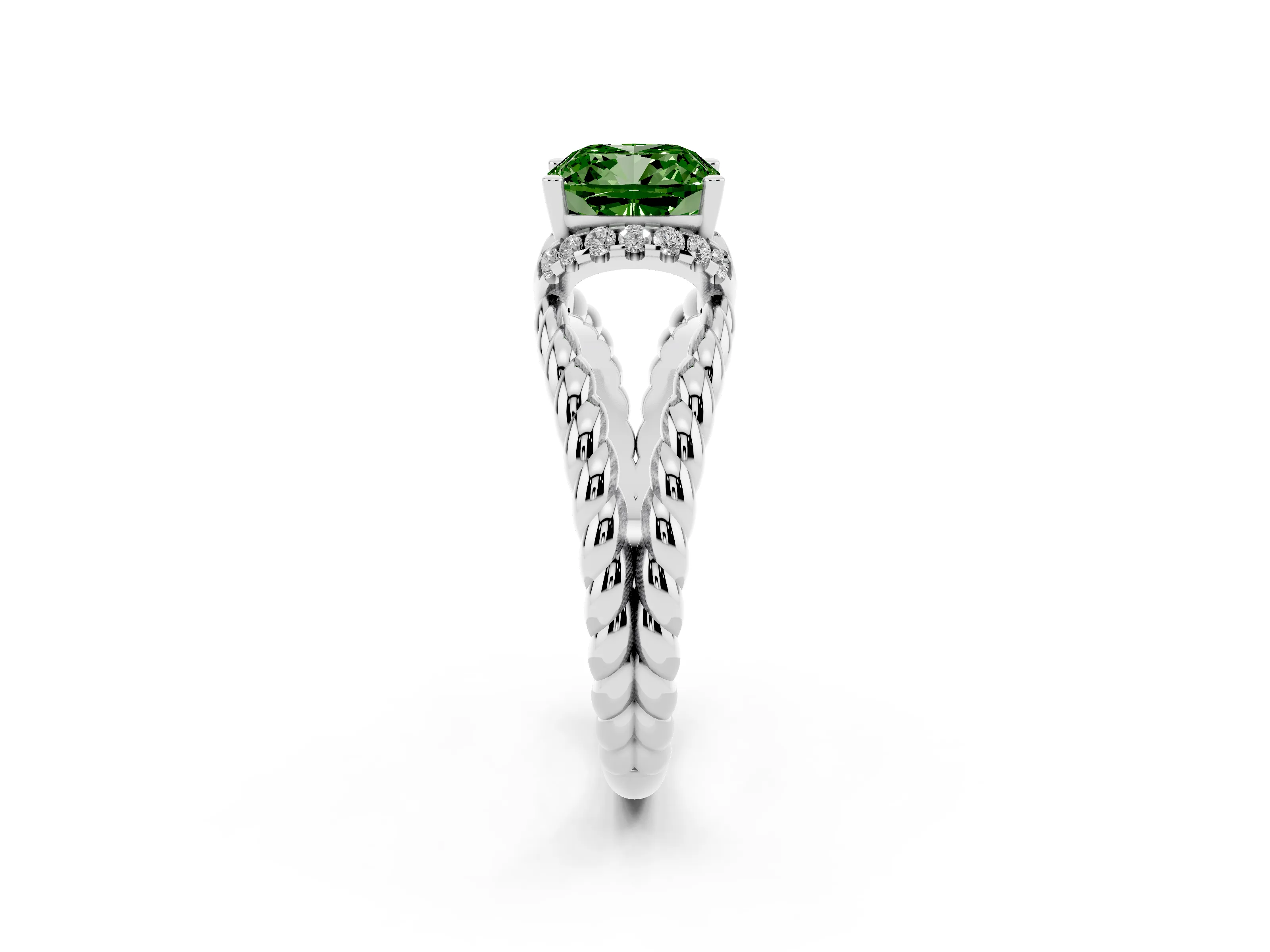 Fancy Green Cushion Cut Diamond Halo Ring Set in Platinum with Twisted Band and Prong Setting
