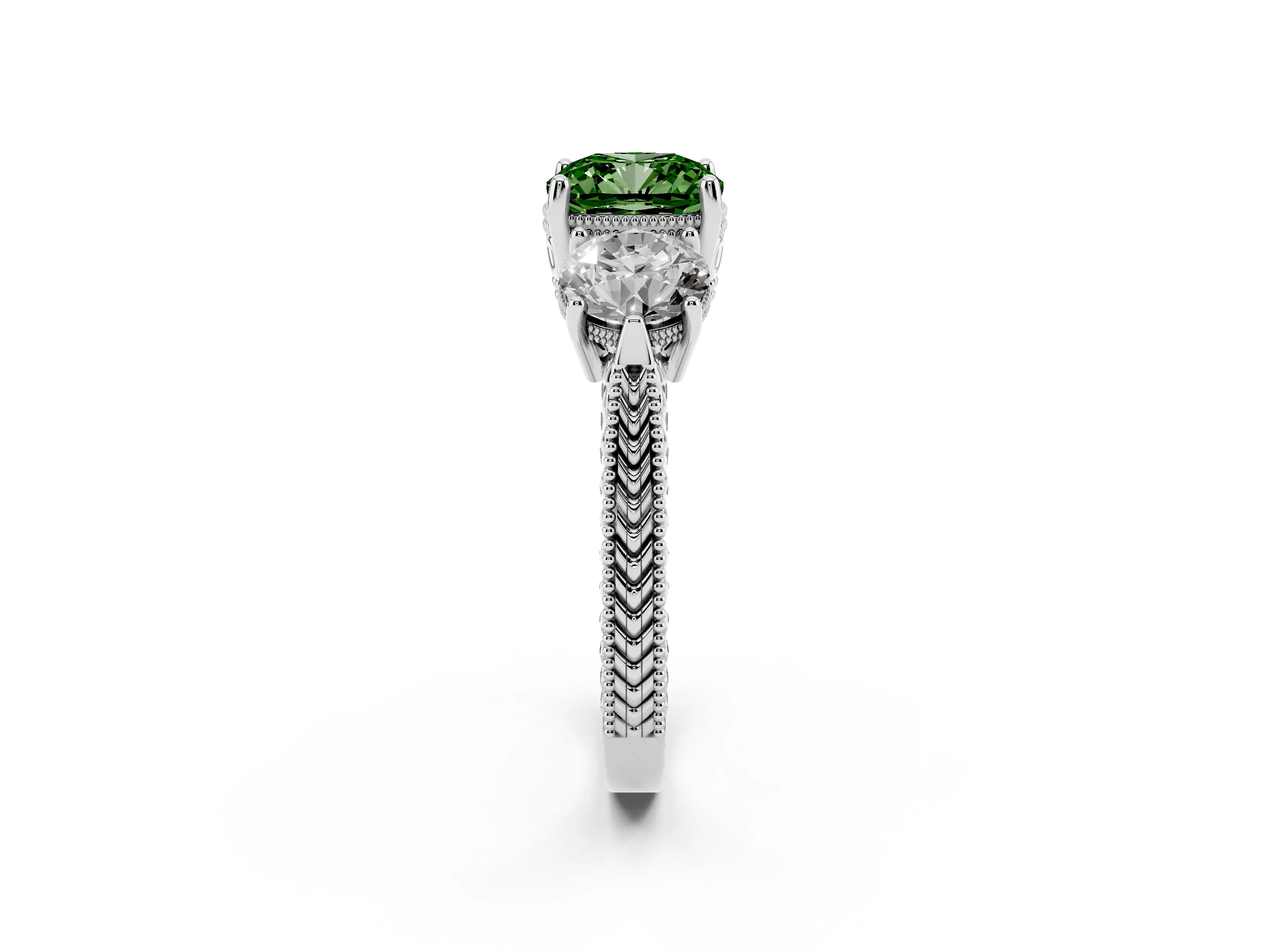 Fancy Green Cushion Cut Diamond Three-Stone Ring Set in White gold with Milgrain Band
