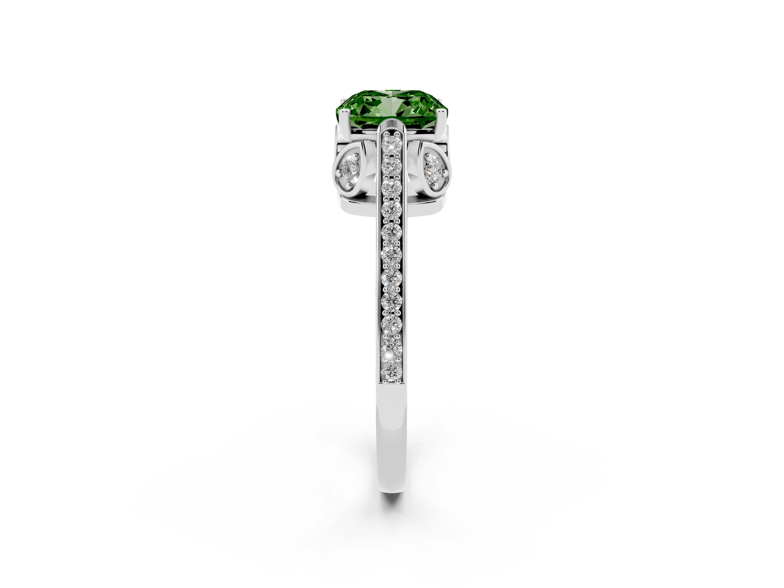 Fancy Green Cushion Cut Diamond Cathedral Pavé Engagement Ring Set in White gold with Prong Setting