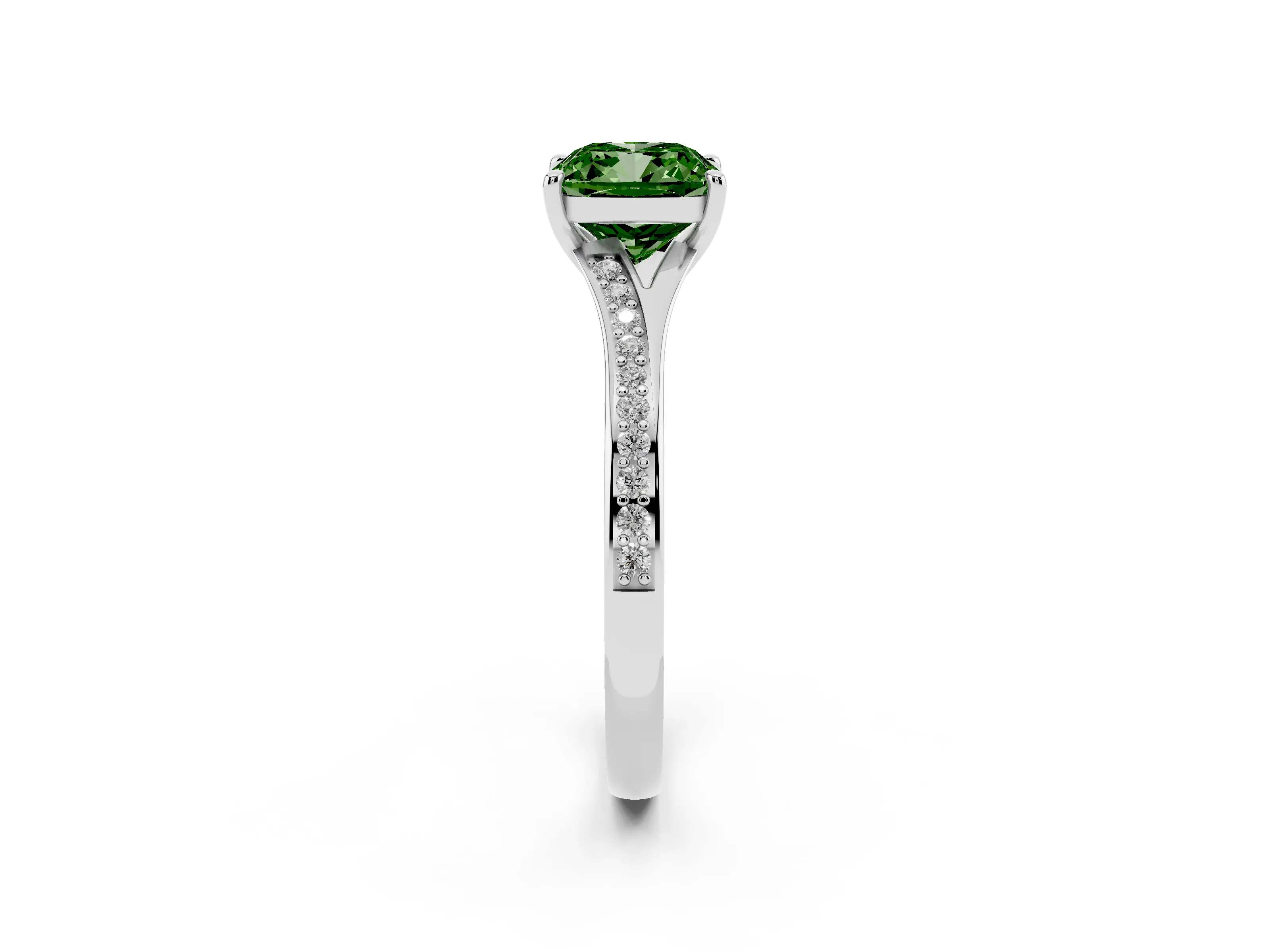 Fancy Green Cushion Cut Diamond Solitaire Ring Set in Silver with Pavé Accent Band and Classic Prong Setting