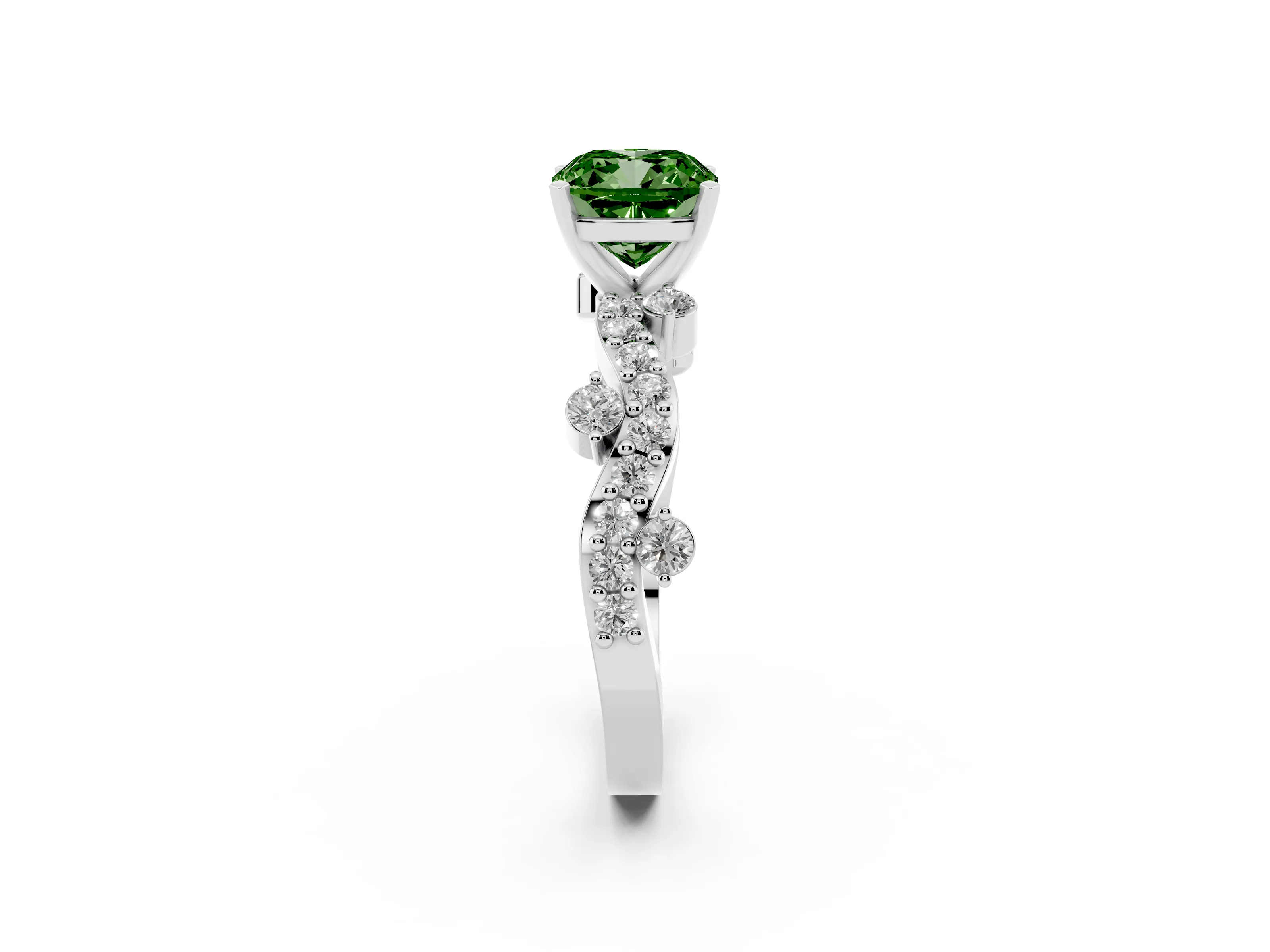 Fancy Green Cushion Cut Diamond Solitaire Twisted Band Set in White gold with Pavé Setting