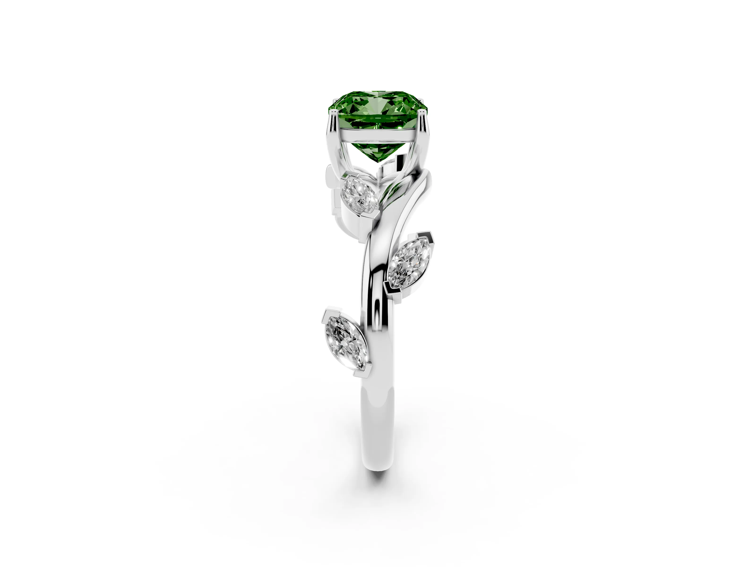 Fancy Green Cushion Cut Diamond Solitaire Ring Set in Silver with Twisted Marquise Accent Band