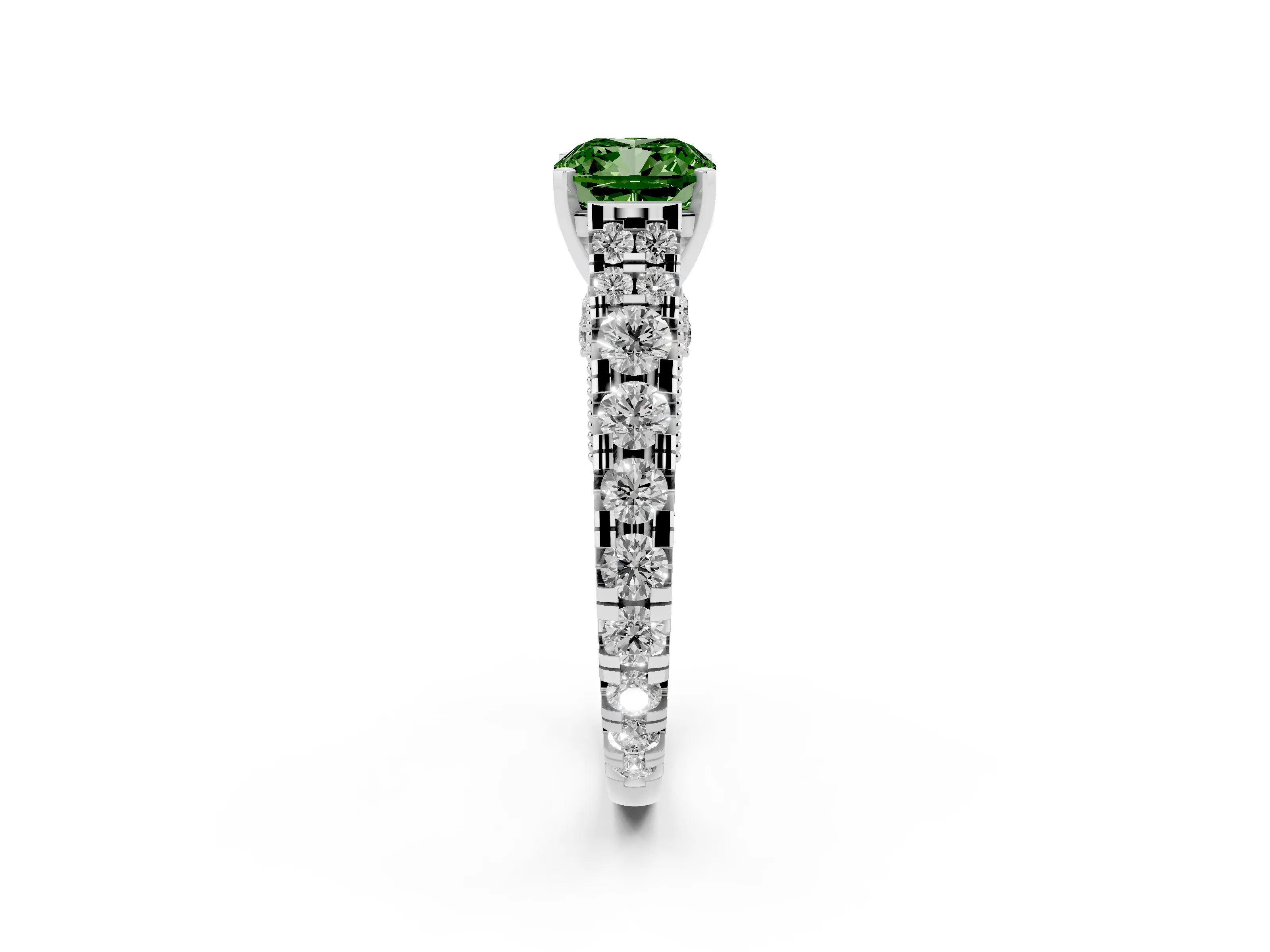 Fancy Green Cushion Cut Diamond Classic Solitaire Ring Set in White gold with Pavé Band and Prong Setting