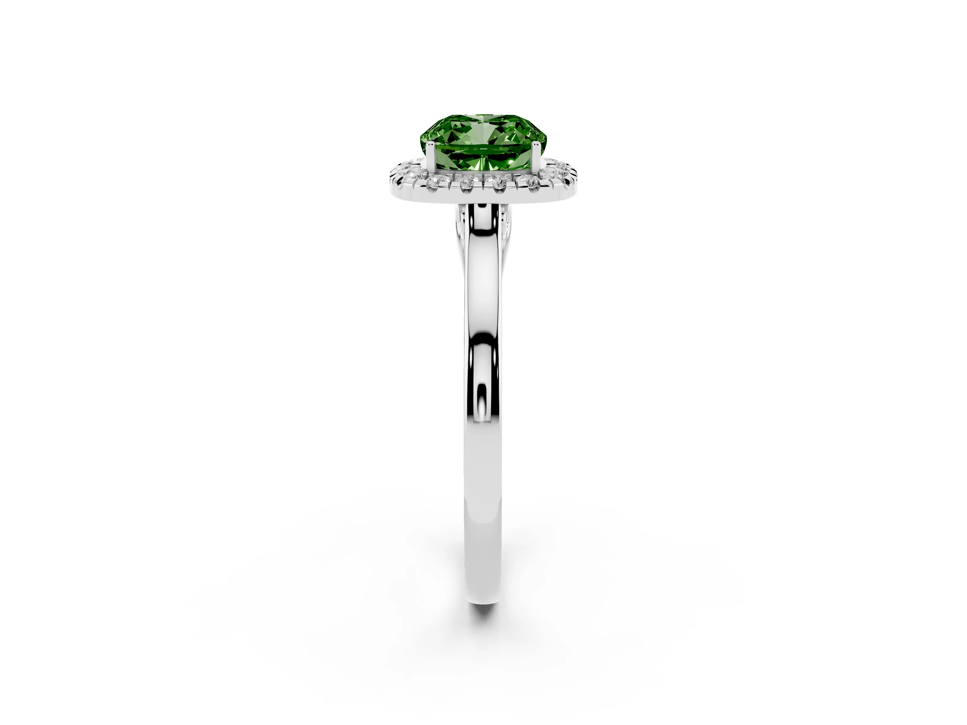 Fancy Green Cushion Cut Halo Round Diamond Solitaire Ring Set in White gold with Pavé Band and Prong Setting