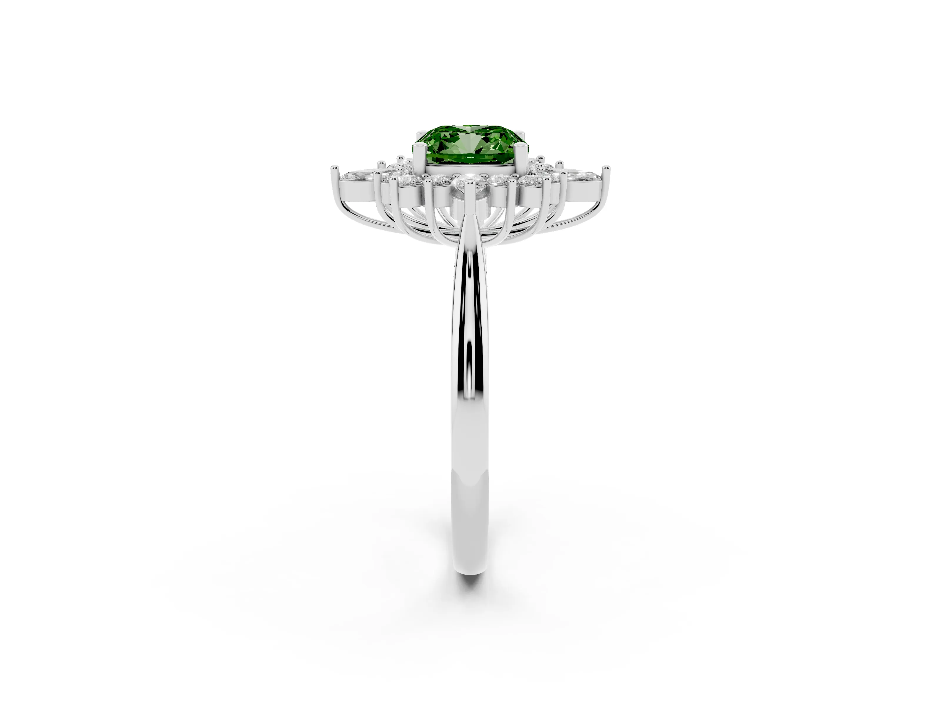 Fancy Green Cushion Cut Diamond Cluster Halo Ring Set in Platinum with Marquise and Round Accents