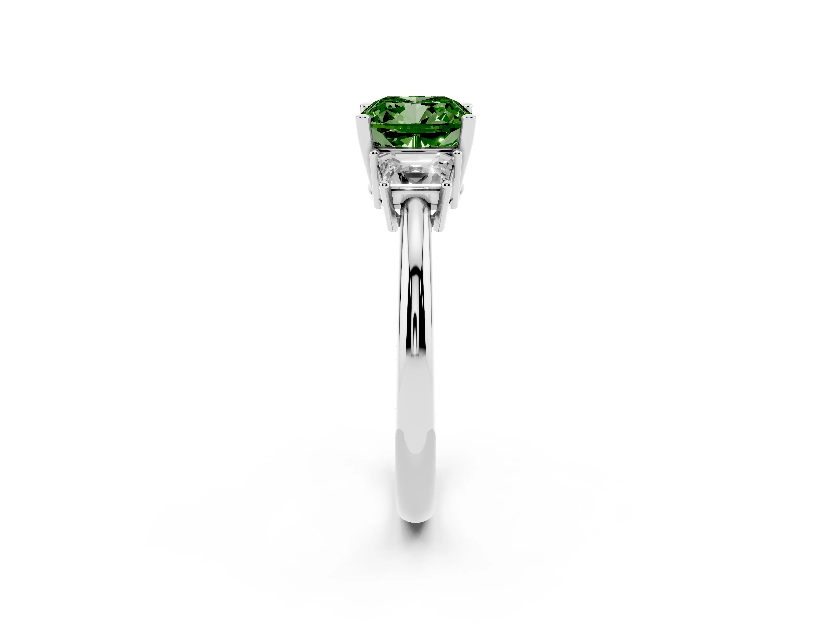 Fancy Green Cushion Cut Diamond Three-Stone Ring Set in Silver with Trapezoid Side Stones and Prong Setting