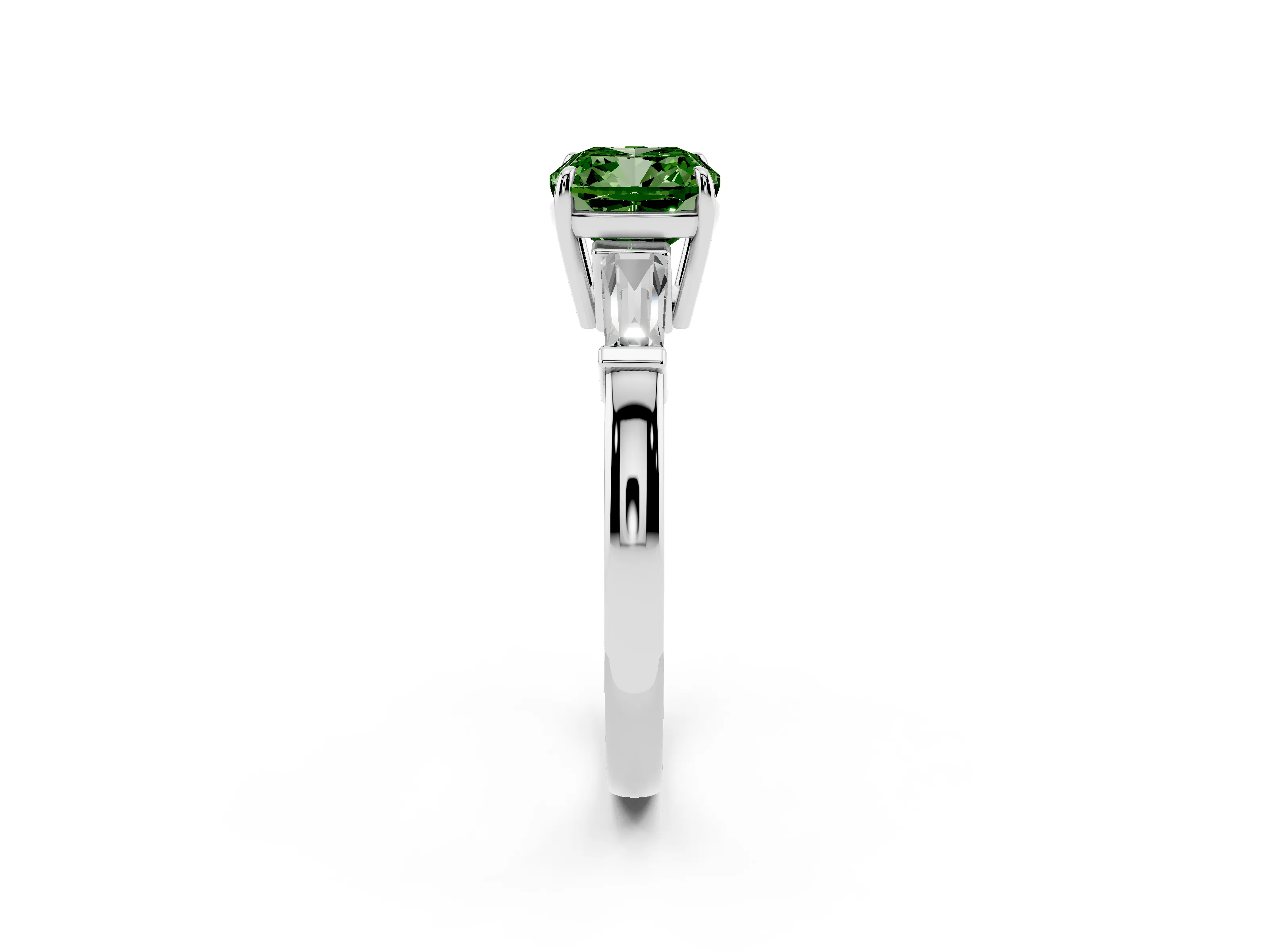 Fancy Green Cushion Cut Diamond Three-Stone Ring Set in Platinum with Tapered Baguette Side Stones and Prong Setting
