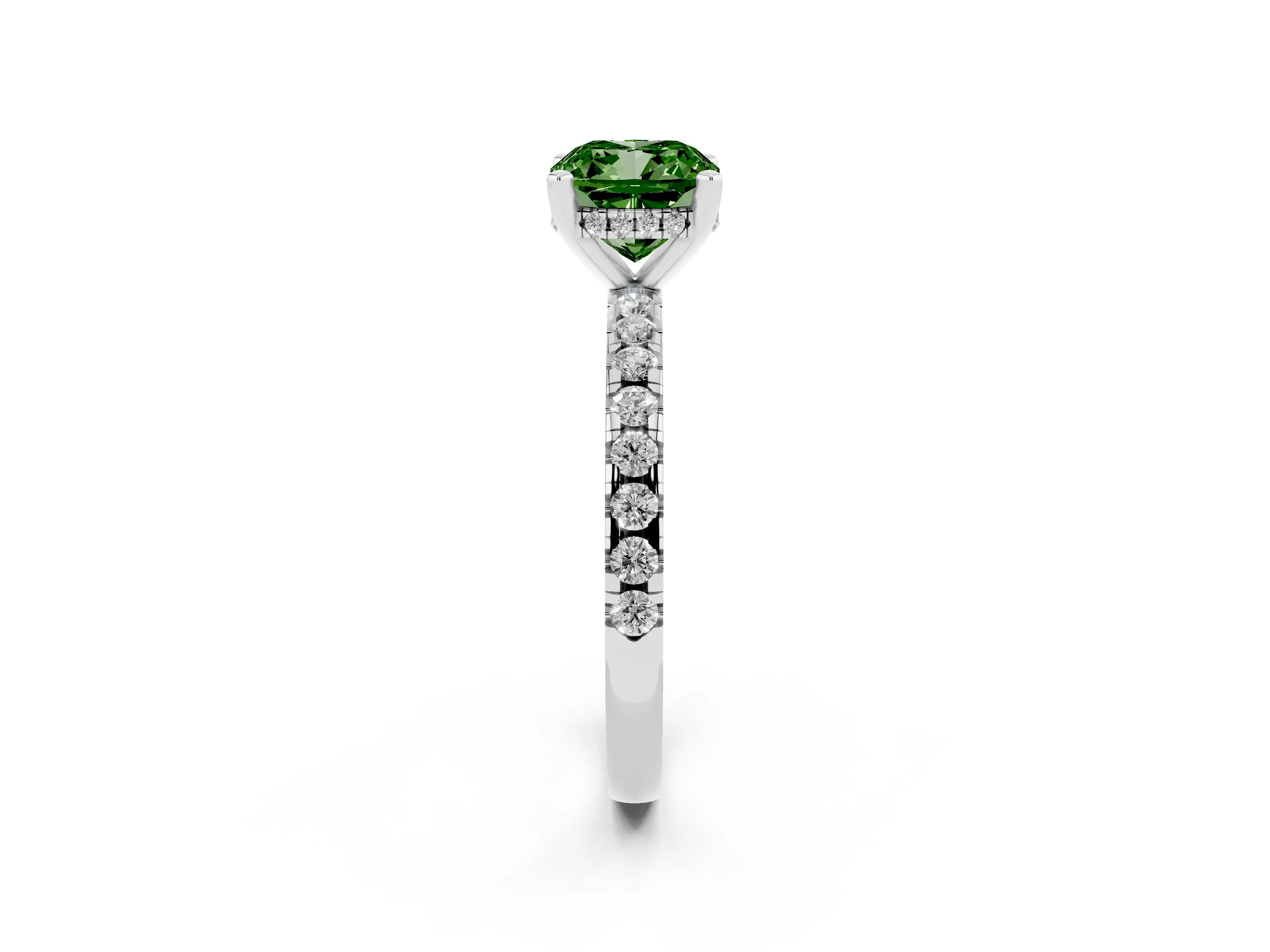 Fancy Green Cushion Cut Diamond Pavé Solitaire Ring Set in Platinum with Round Band Accents and Prong Setting