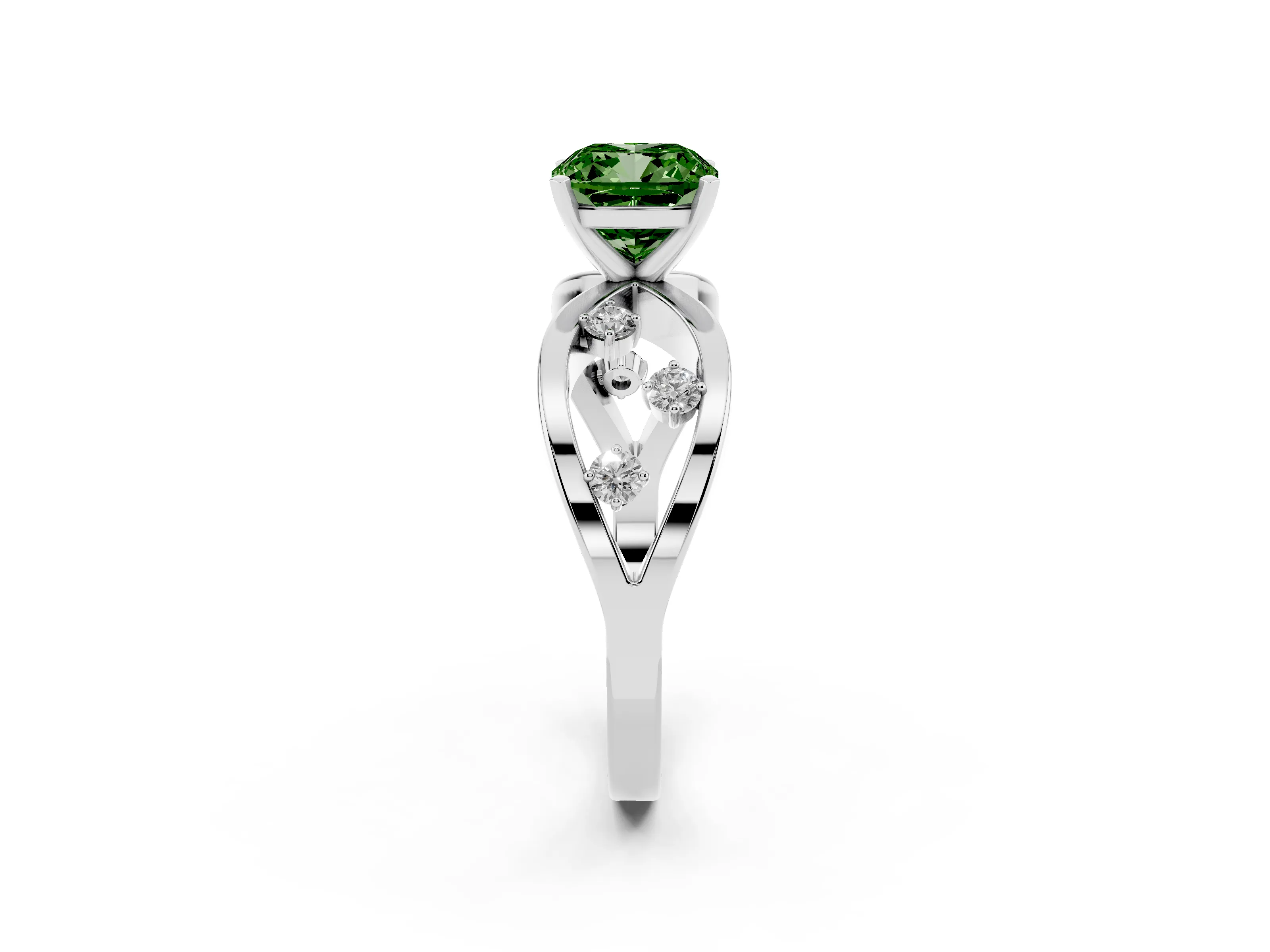Fancy Green Cushion Cut Diamond Solitaire Ring Set in Silver with Side Stones on Criss-Cross Band and Prong Setting