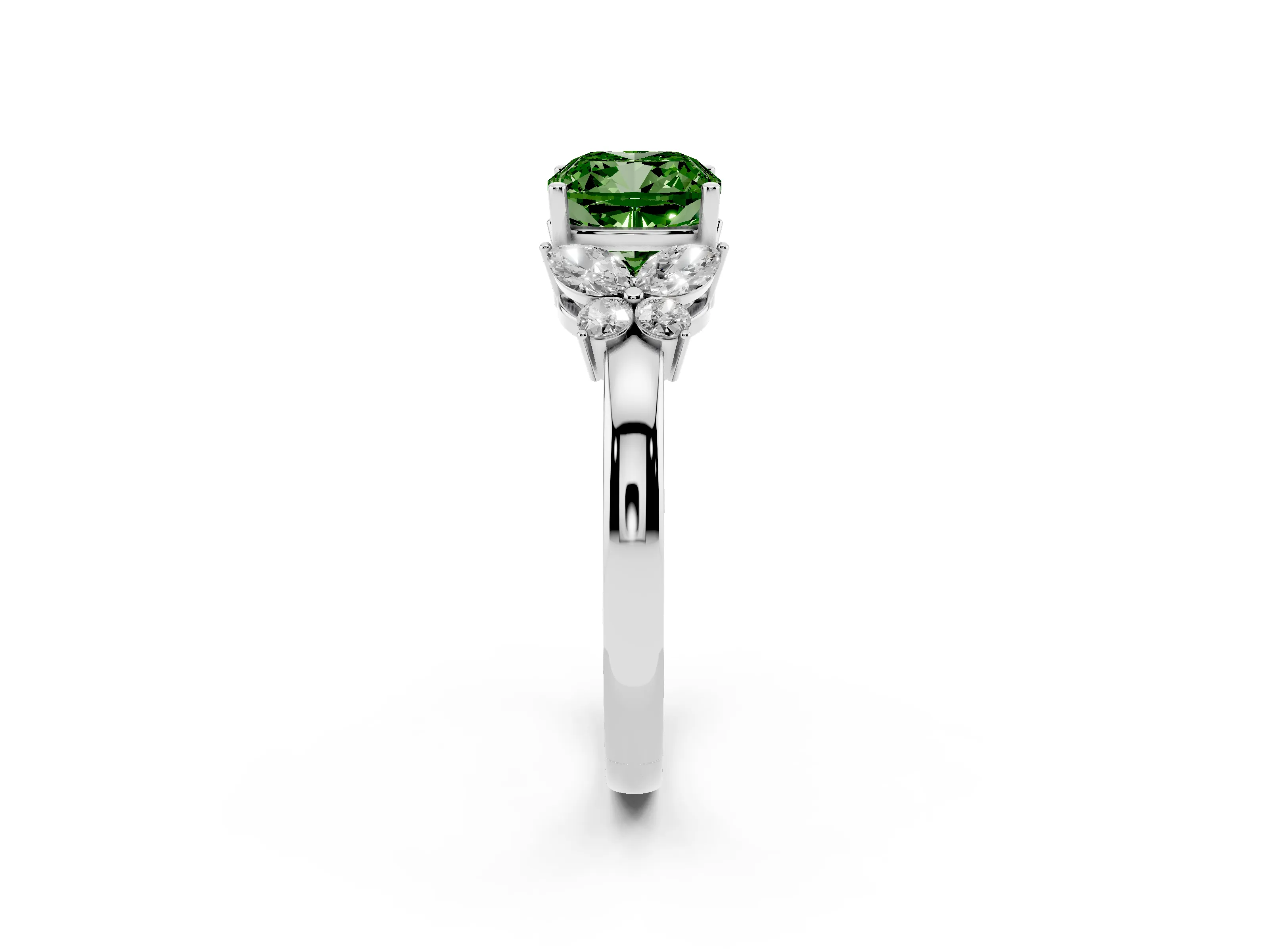 Fancy Green Cushion Cut Diamond Solitaire Floral Ring Set in Platinum with Marquise Petals and Prong Setting