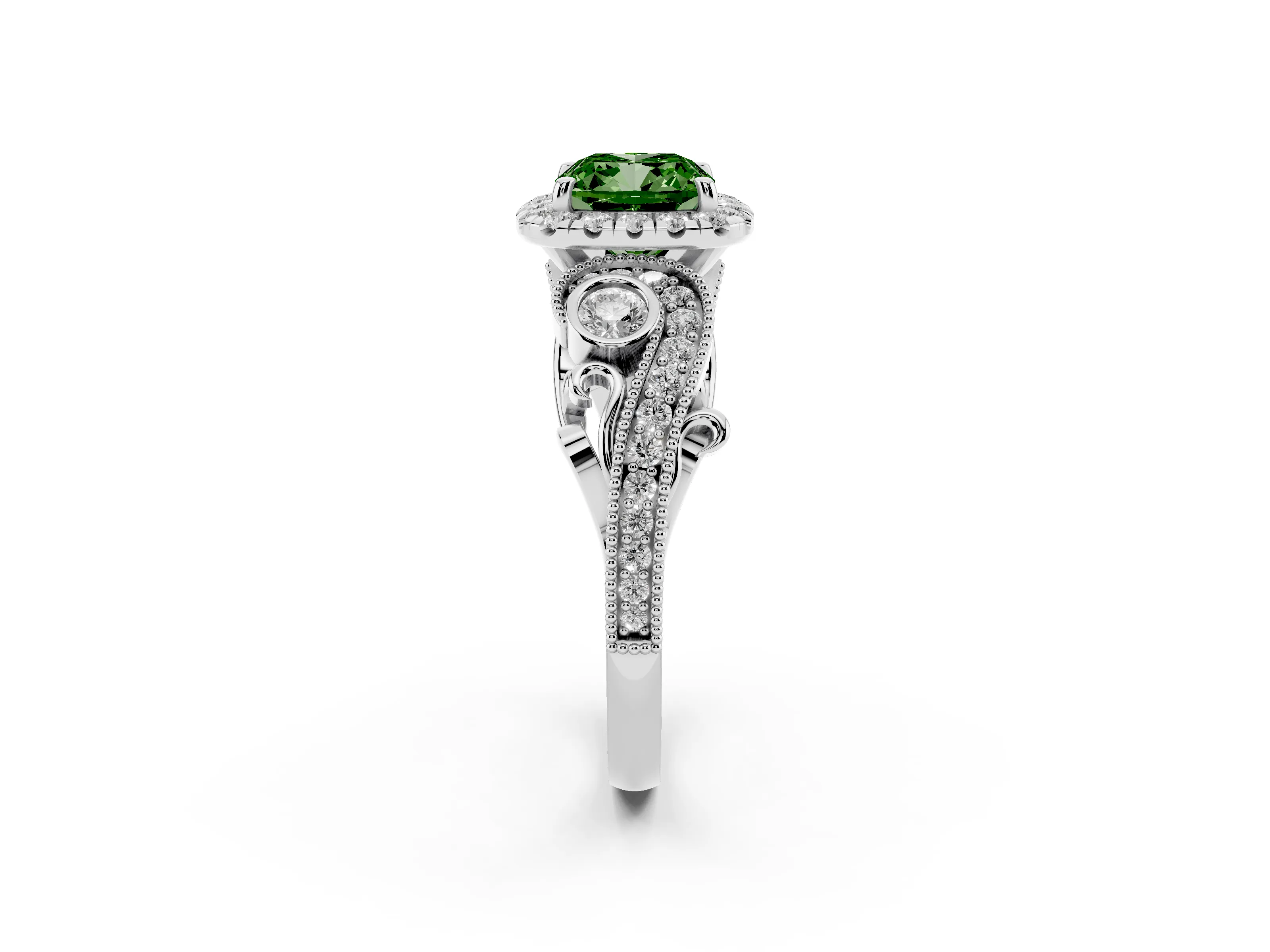 Fancy Green Cushion Cut Diamond Halo Ring Set in White gold with Milgrain Pavé Band and Prong Setting