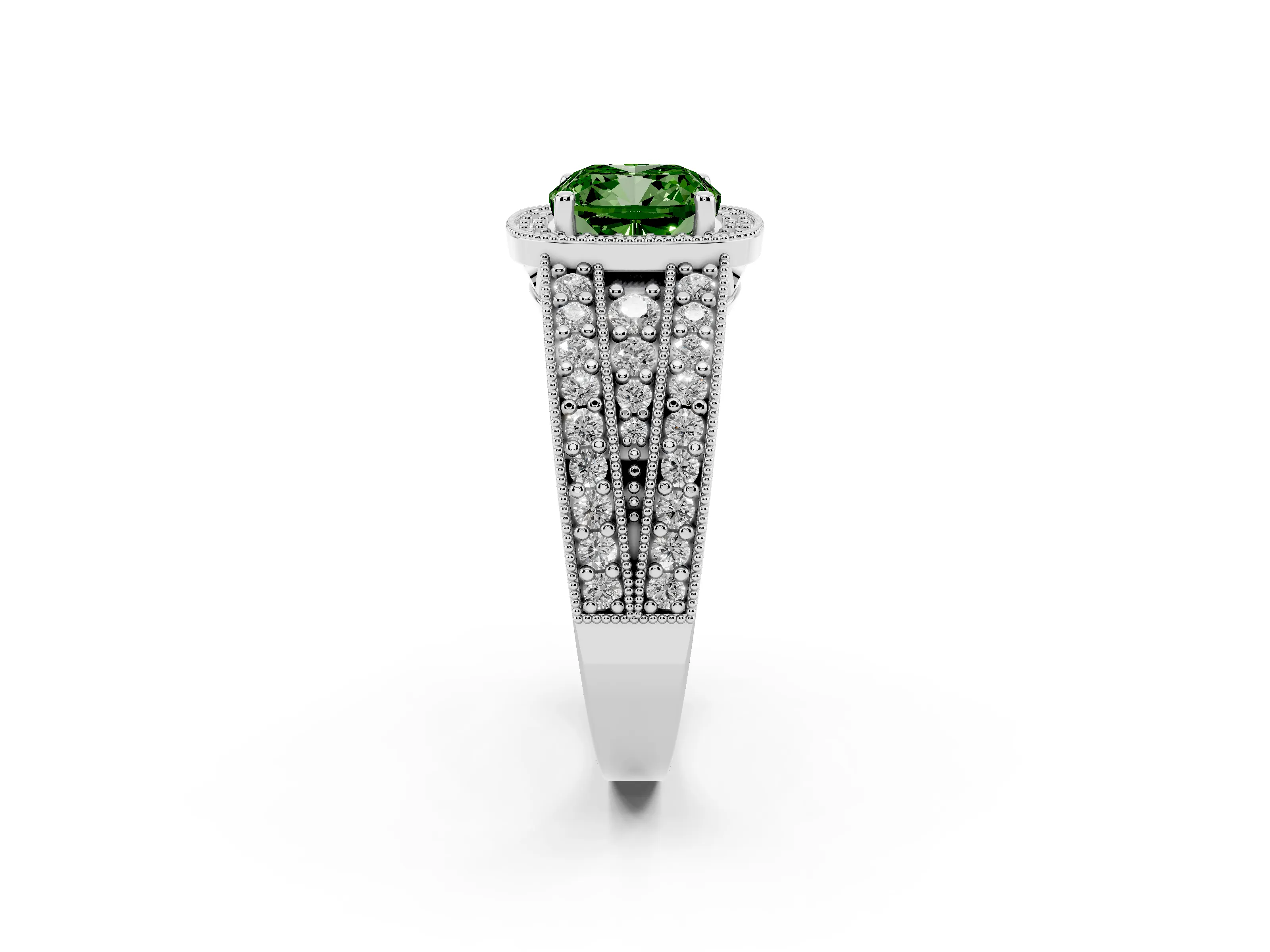 Fancy Green Cushion Cut Diamond Halo Ring Set in Platinum with Accent Split Shank and Prong Setting