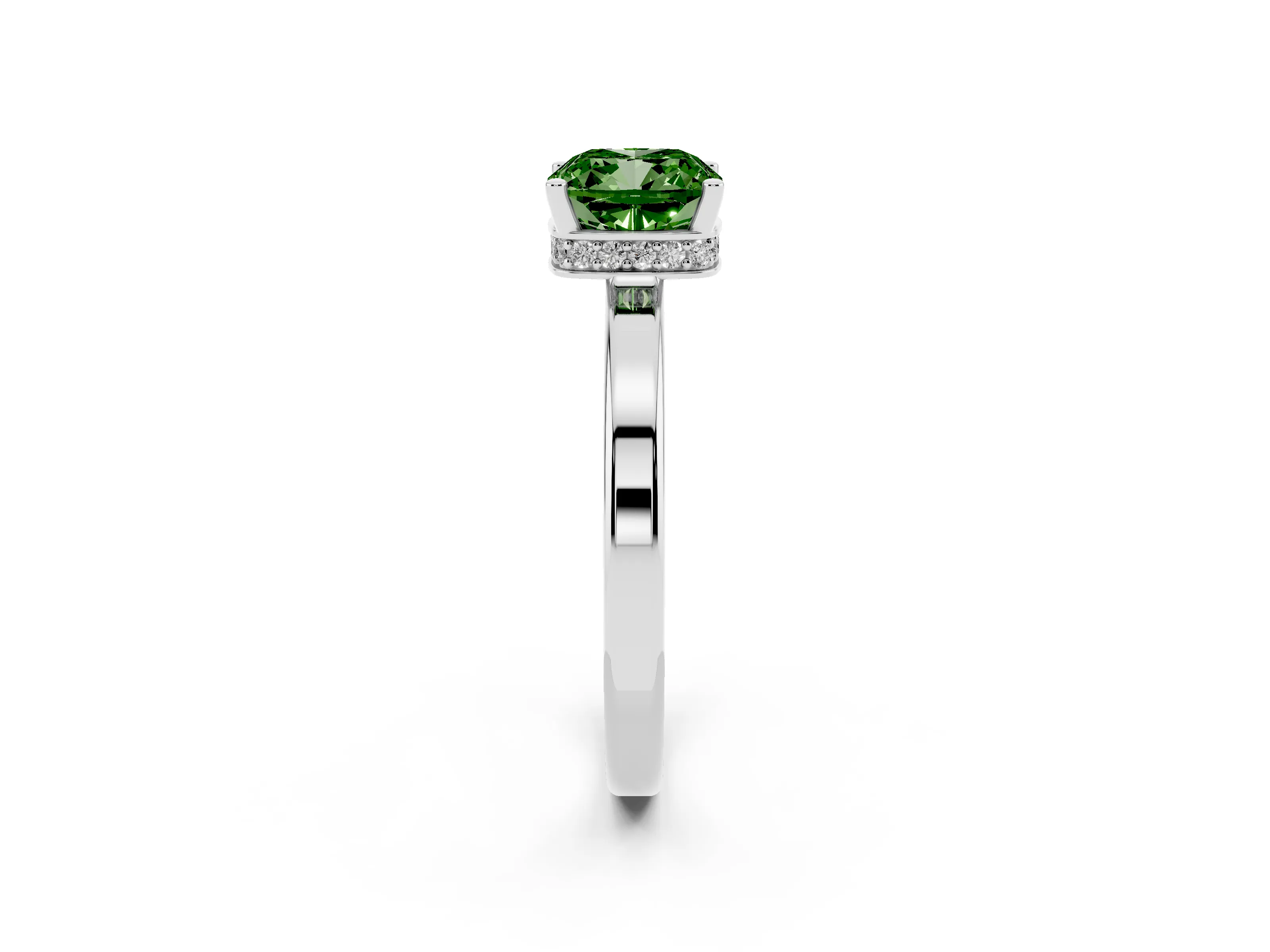 Fancy Green Cushion Cut Diamond Solitaire Engagement Ring Set in White gold with Prong Setting on a Plain Band