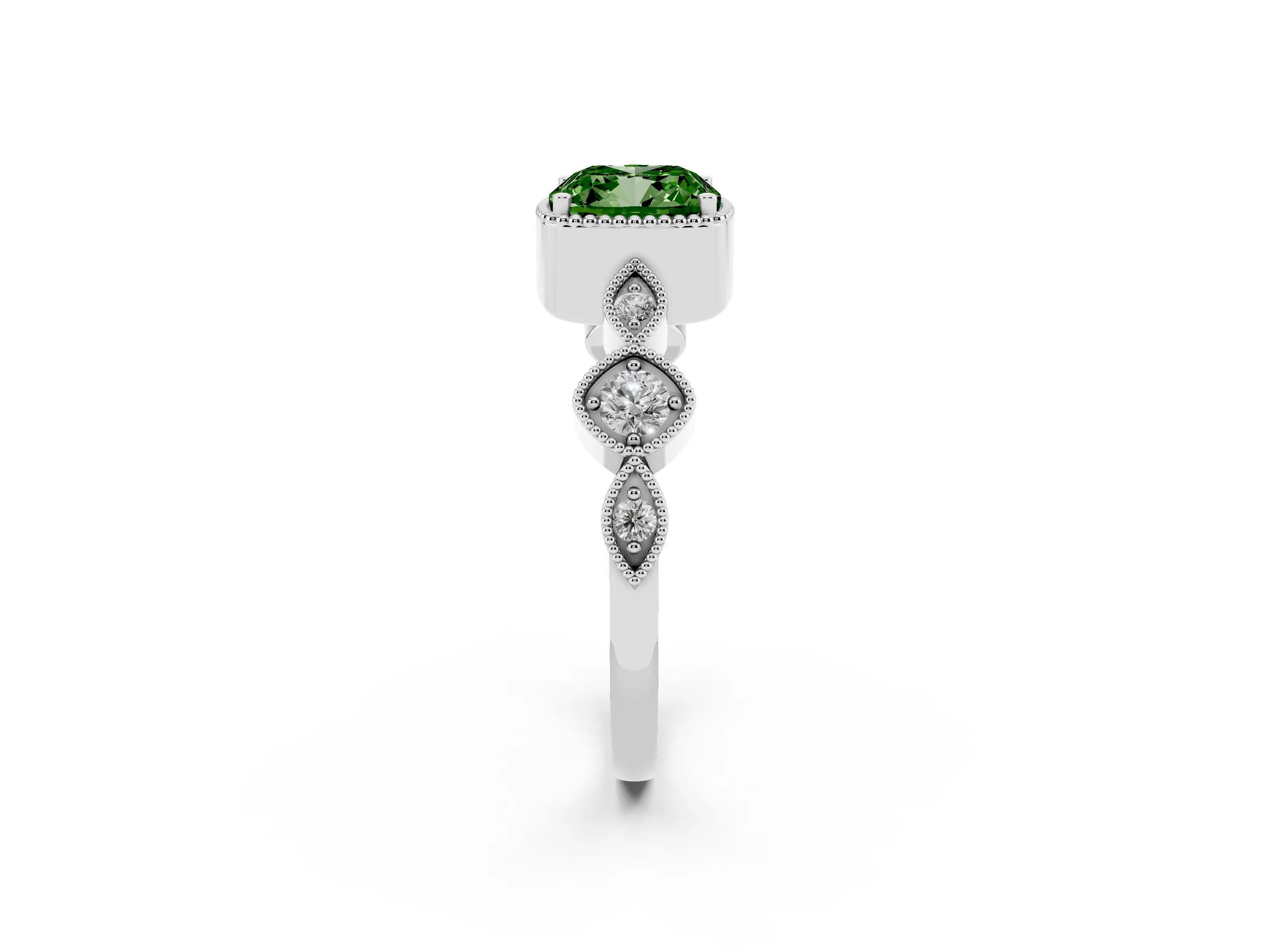 Fancy Green Cushion Cut Diamond Vintage-Inspired Milgrain Ring Set in White gold with Marquise Stations of Round Accents
