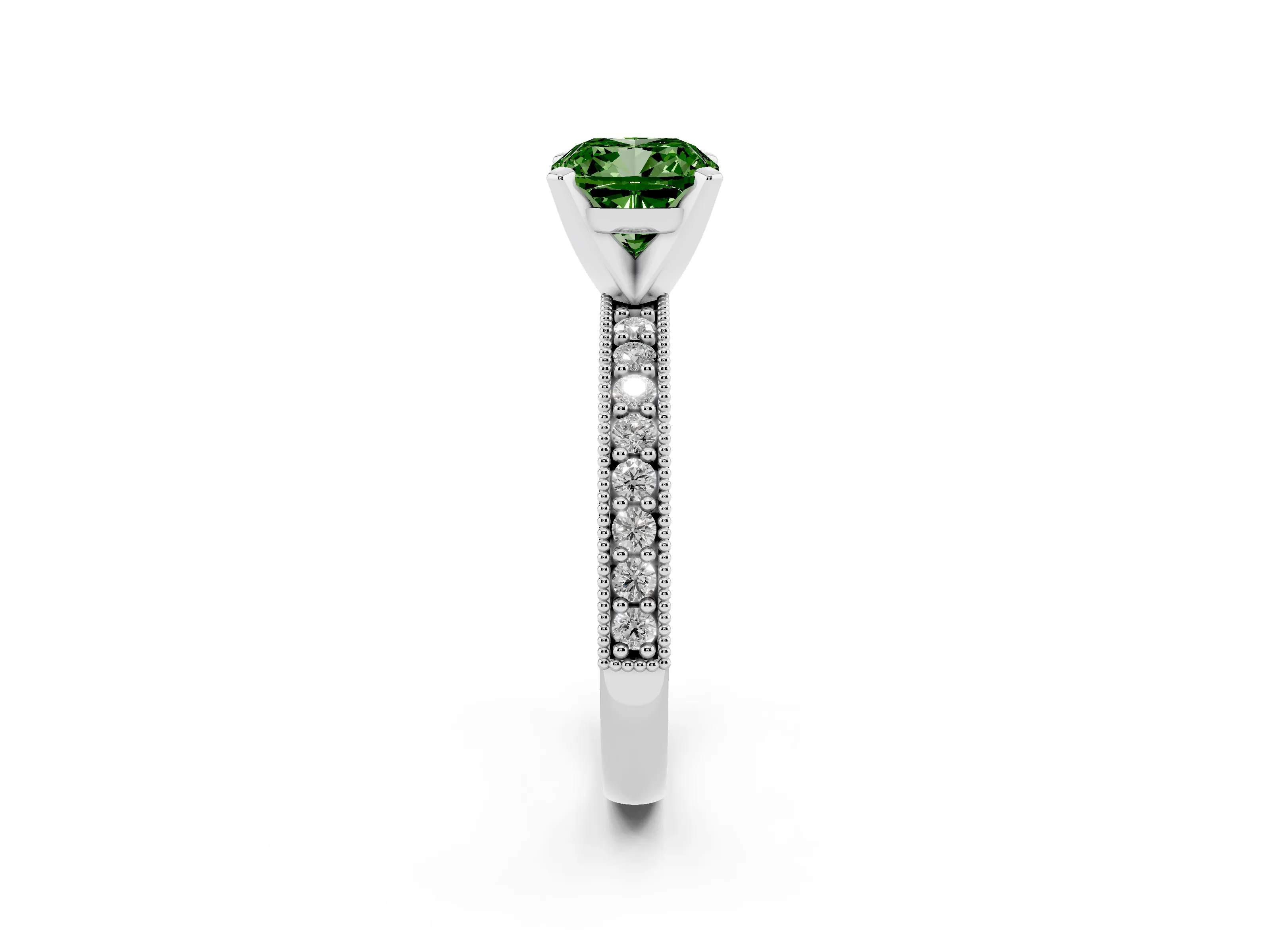 Fancy Green Cushion Cut Diamond Milgrain Pavé Engagement Ring Set in White gold with Prong Setting