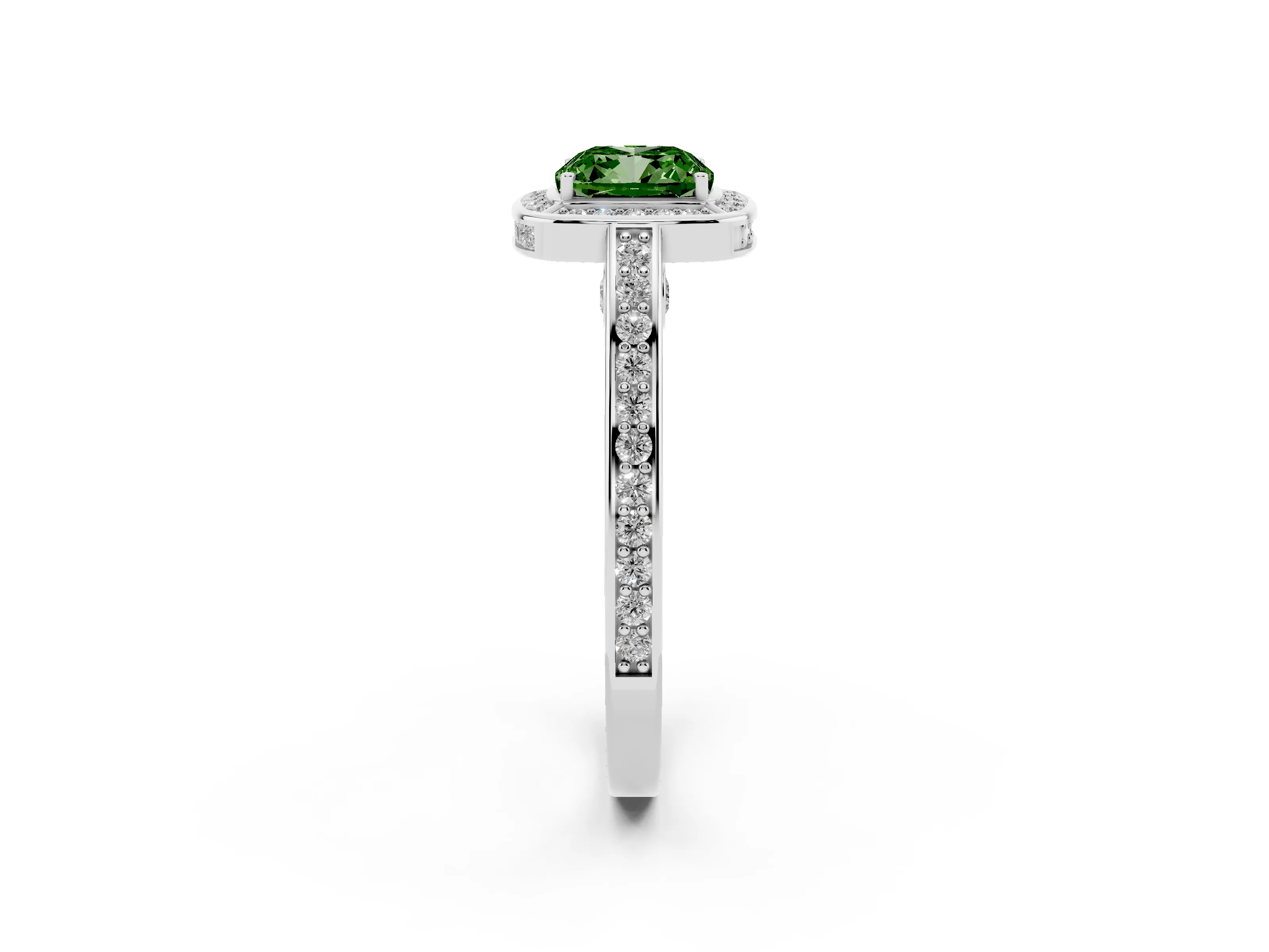 Fancy Green Cushion Cut Diamond Halo Pavé Split Shank Ring Set in White gold with Prong Setting