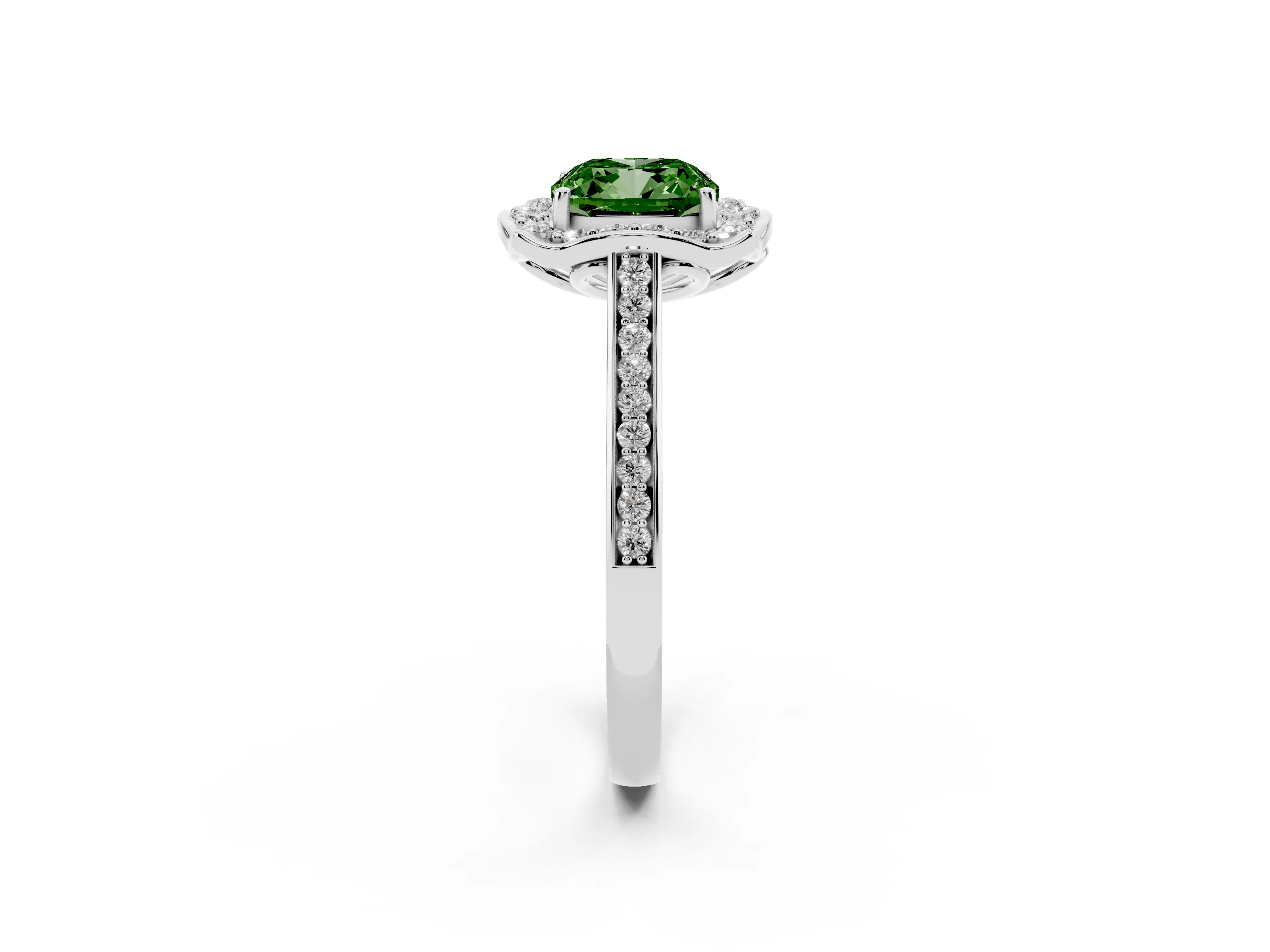 Fancy Green Cushion Cut Diamond Halo Ring Set in White gold with Pavé-Lined Shoulders and Prong Setting