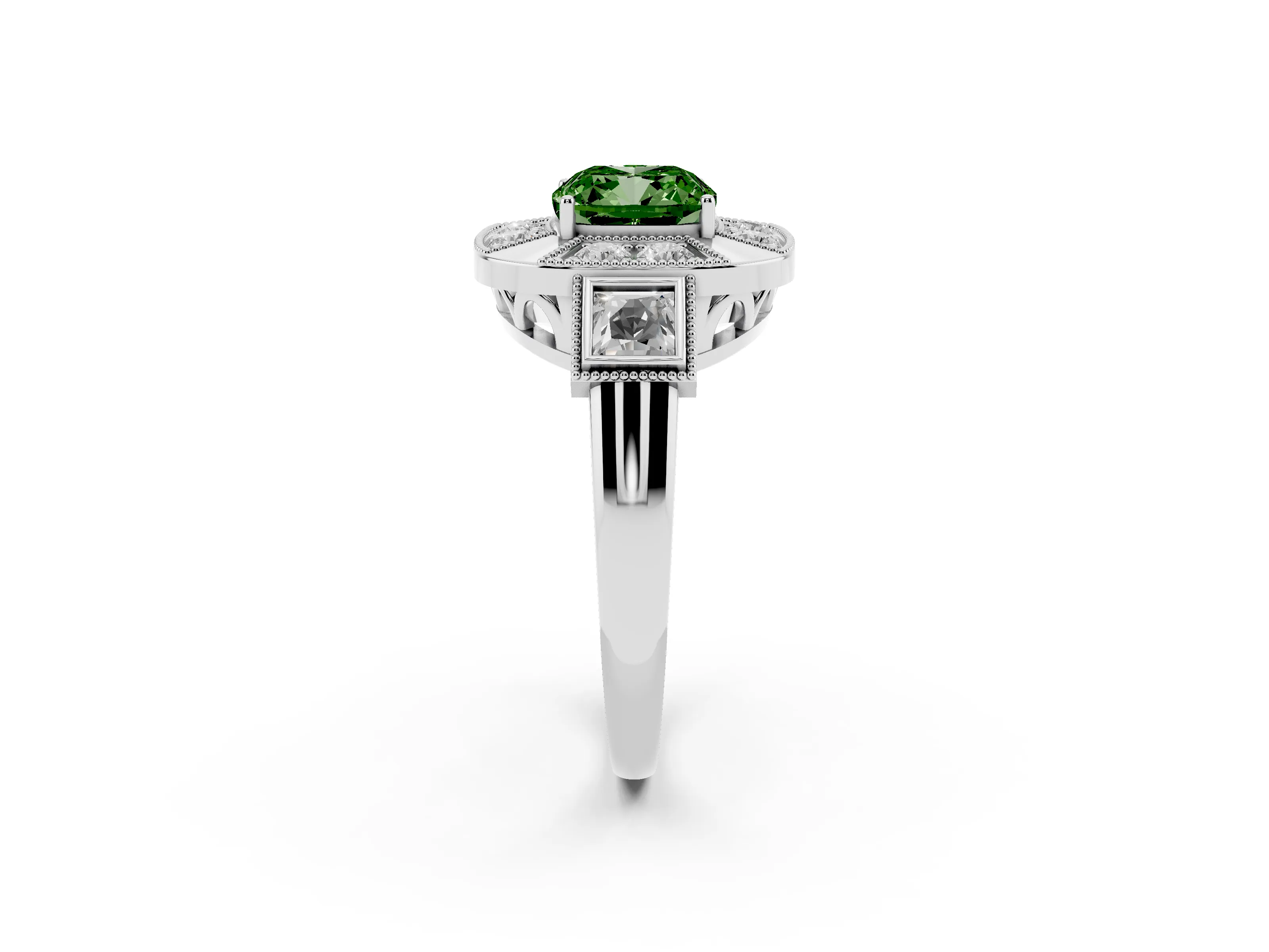 Fancy Green Cushion Cut Diamond Milgrain Halo Ring Set in Platinum with Split Shank