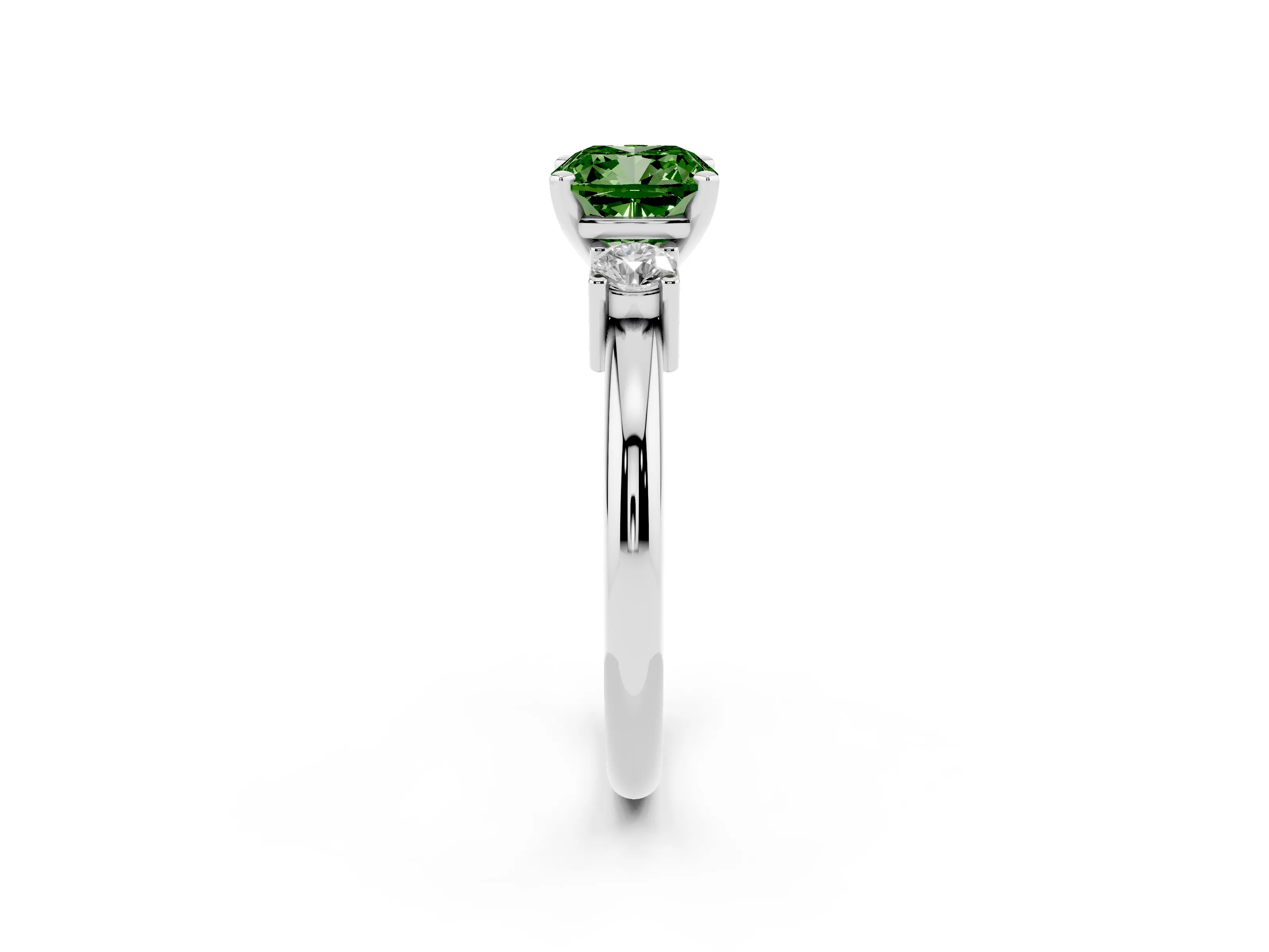 Fancy Green Three-Stone Cushion Cut Diamond Ring Set in Silver with Prong Setting and Plain Band