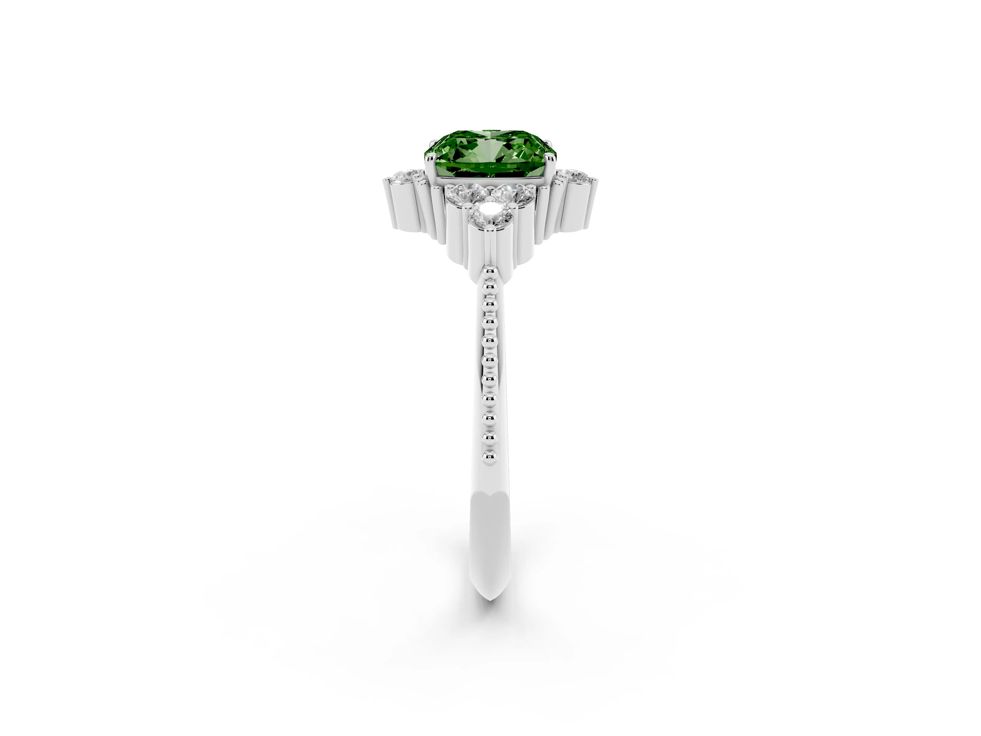 Fancy Green Cushion Cut Diamond Cluster Ring Set in Silver with Beaded Band