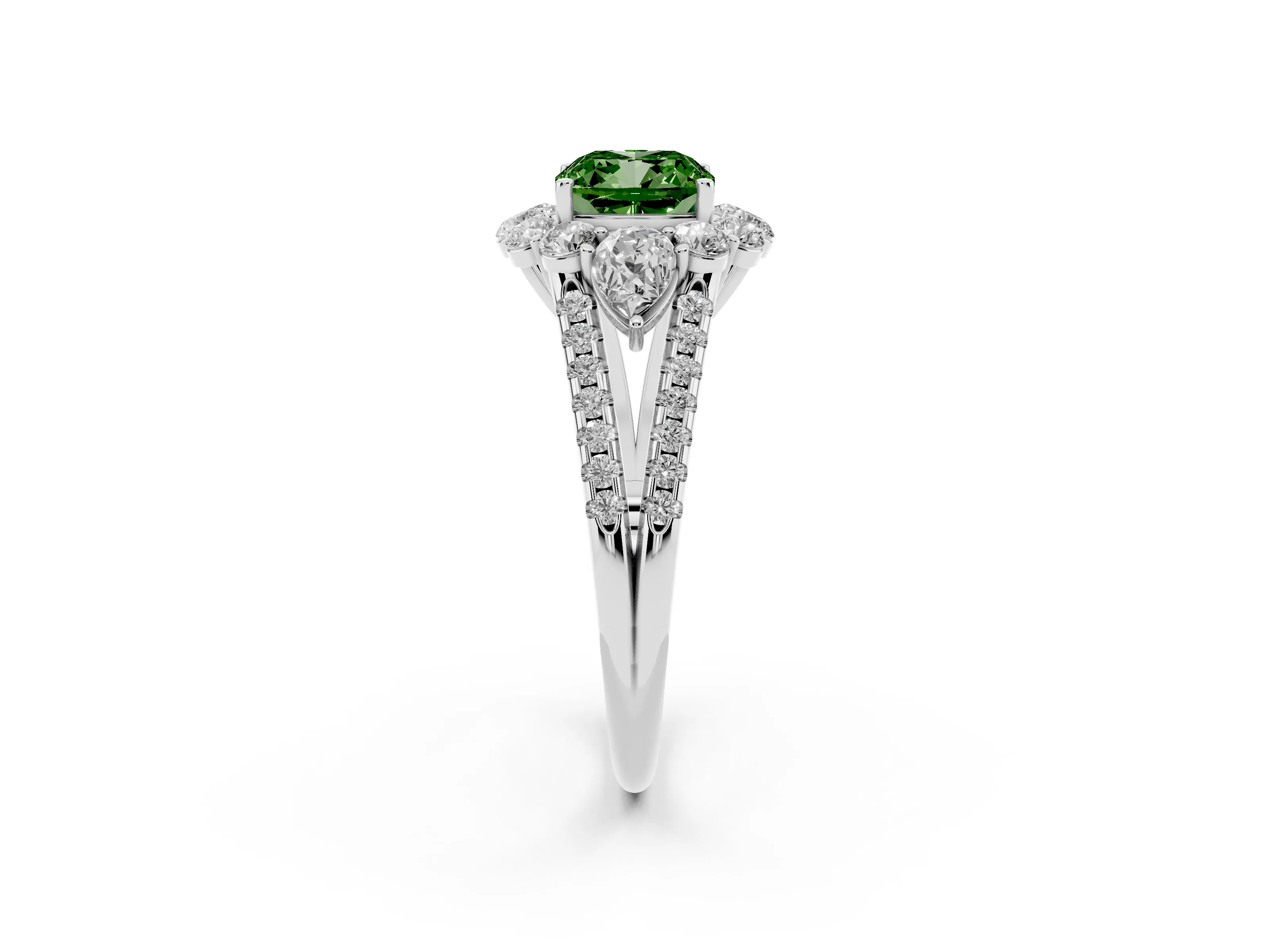 Fancy Green Cushion Cut Diamond Halo Split Shank Engagement Ring Set in White gold with Prong-Held Center Stone