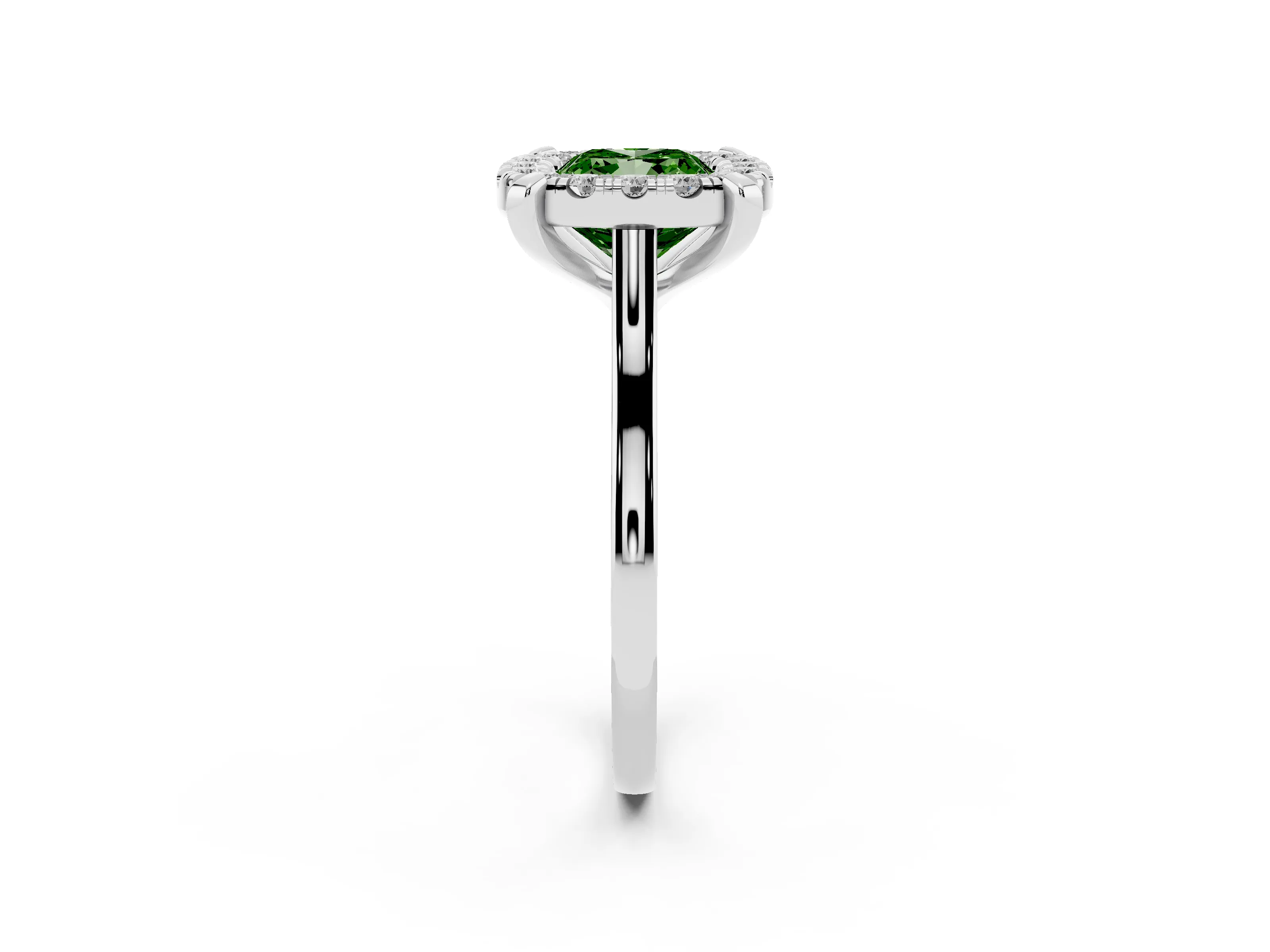 Fancy Green Cushion Cut Diamond Cluster Halo Solitaire Ring Set in Silver with Prong Setting