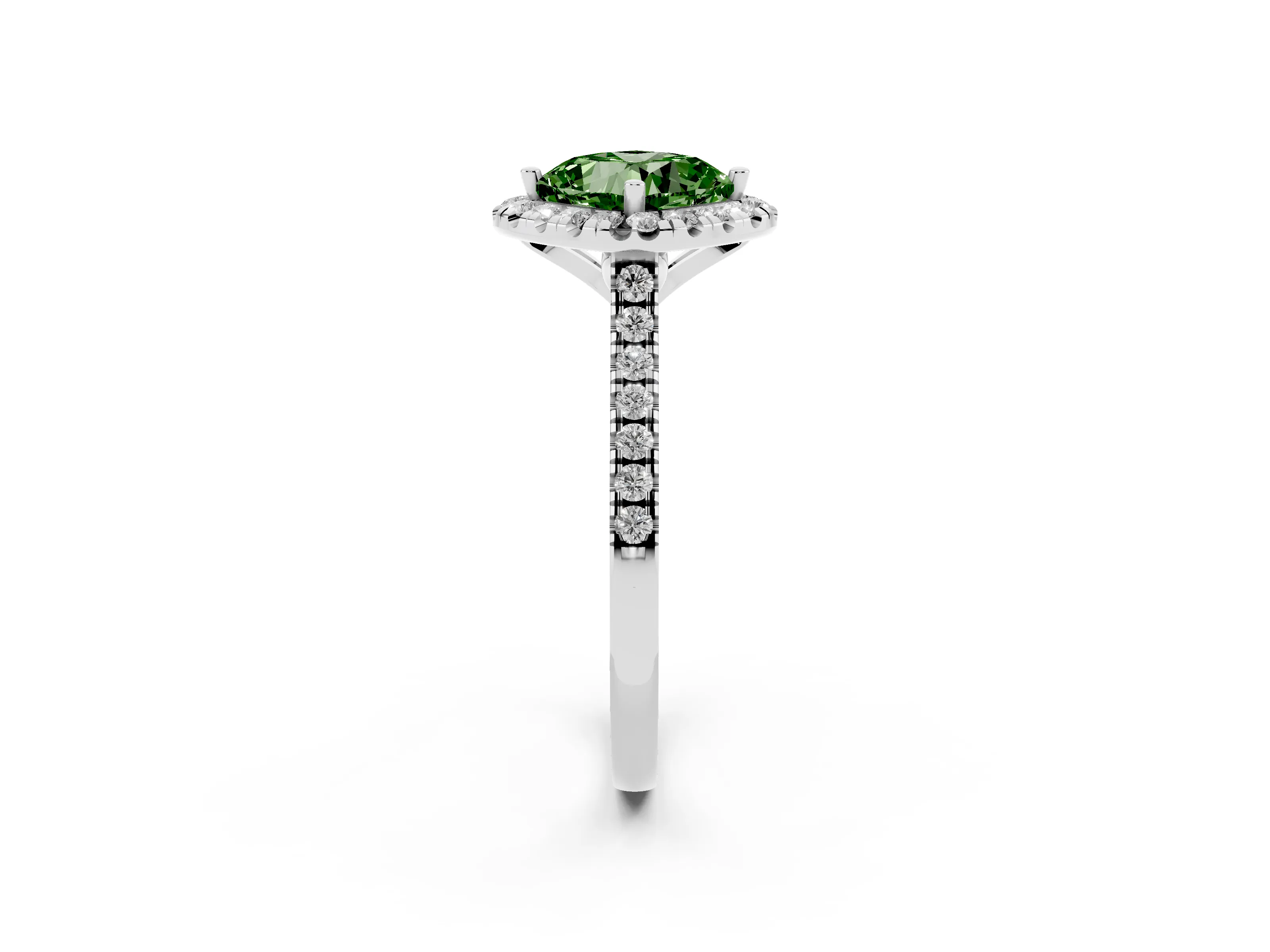 Fancy Green Cushion Cut Diamond Cushion Halo Ring Set in Silver with Pavé Band