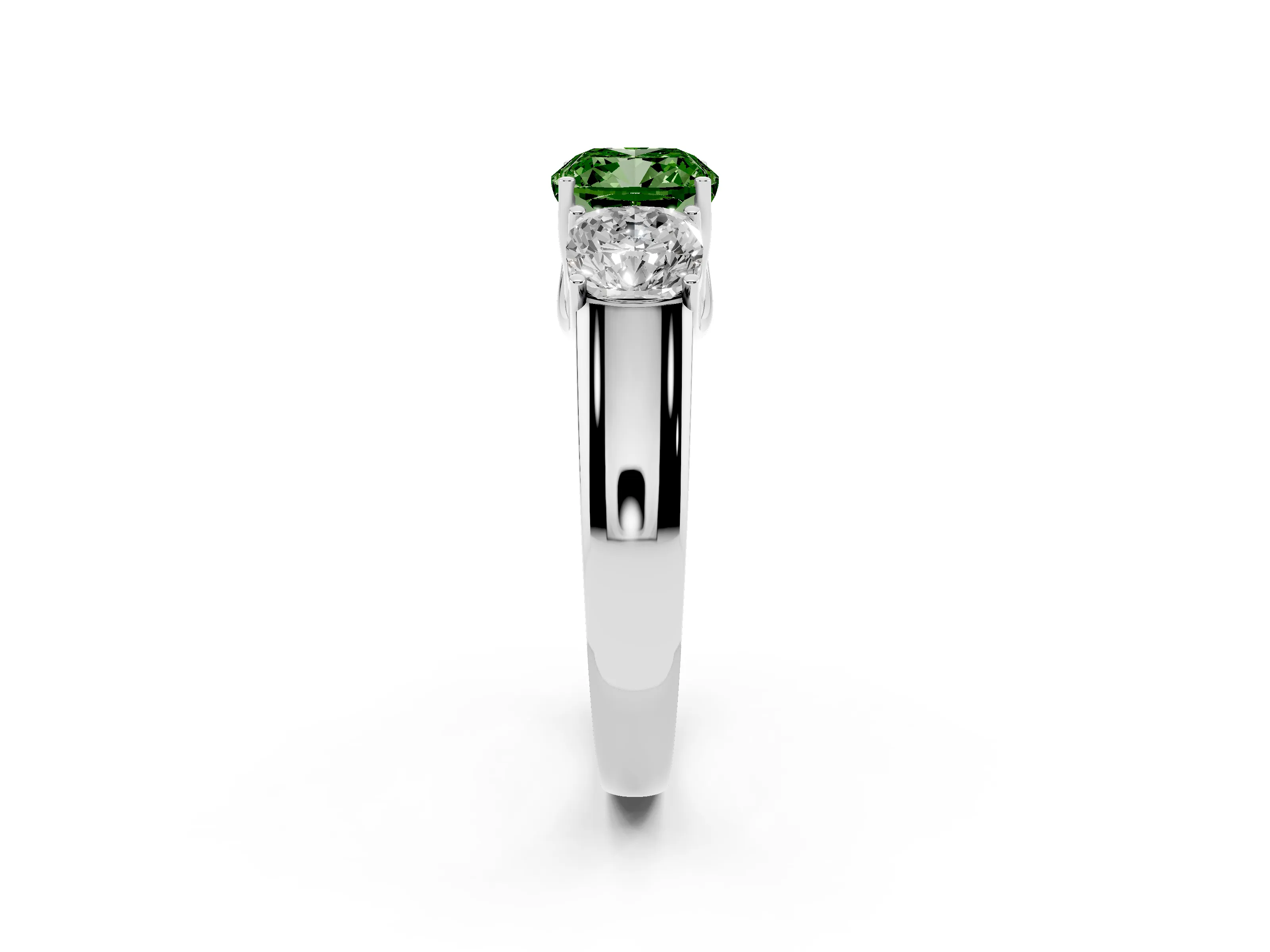 Fancy Green Three-Stone Cushion Cut Diamond Ring Set in Platinum with Matching Prong Settings and Plain Band