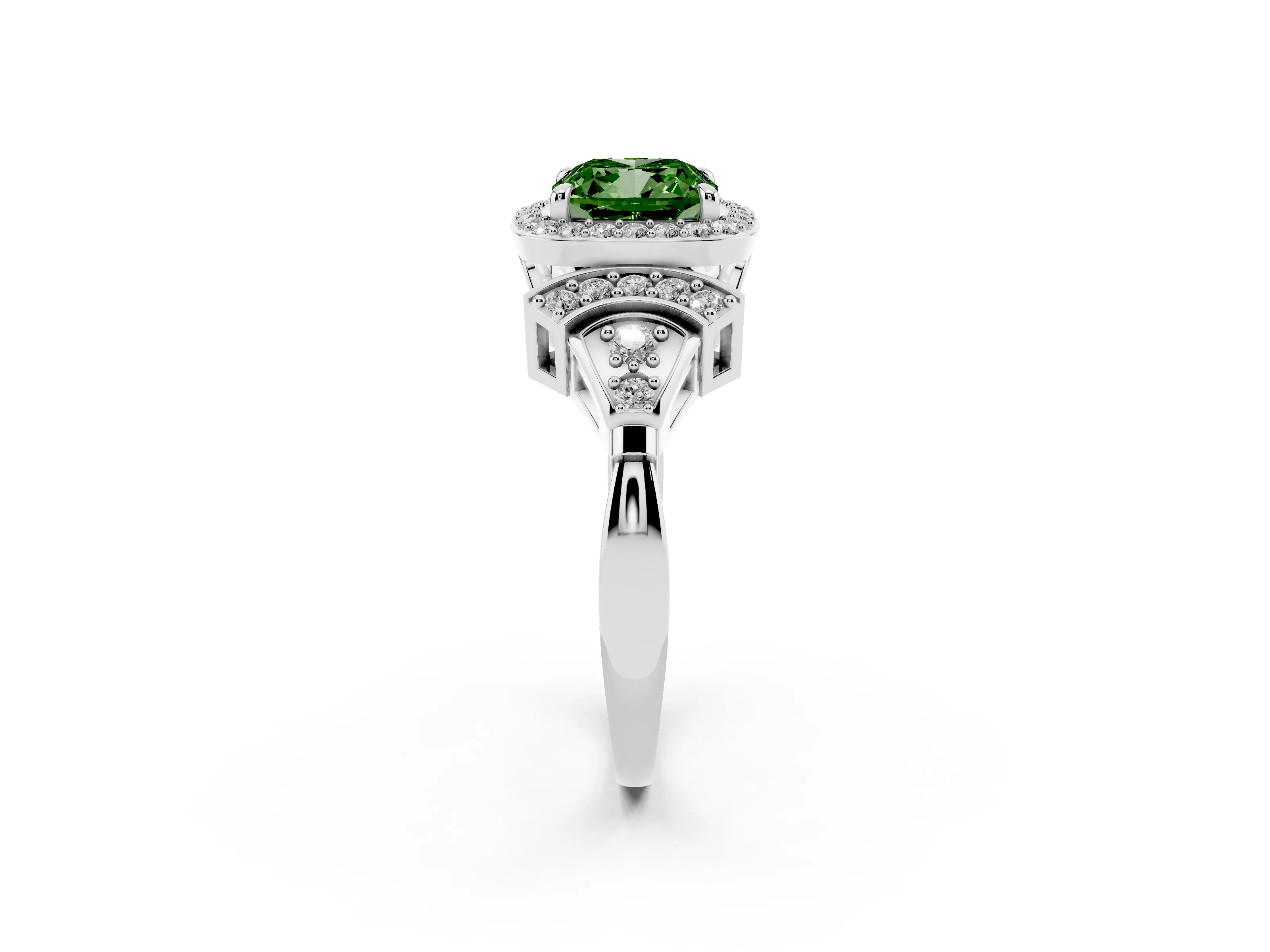 Fancy Green Cushion Cut Diamond Halo Engagement Ring Set in Silver with Accent Stone Split Shank