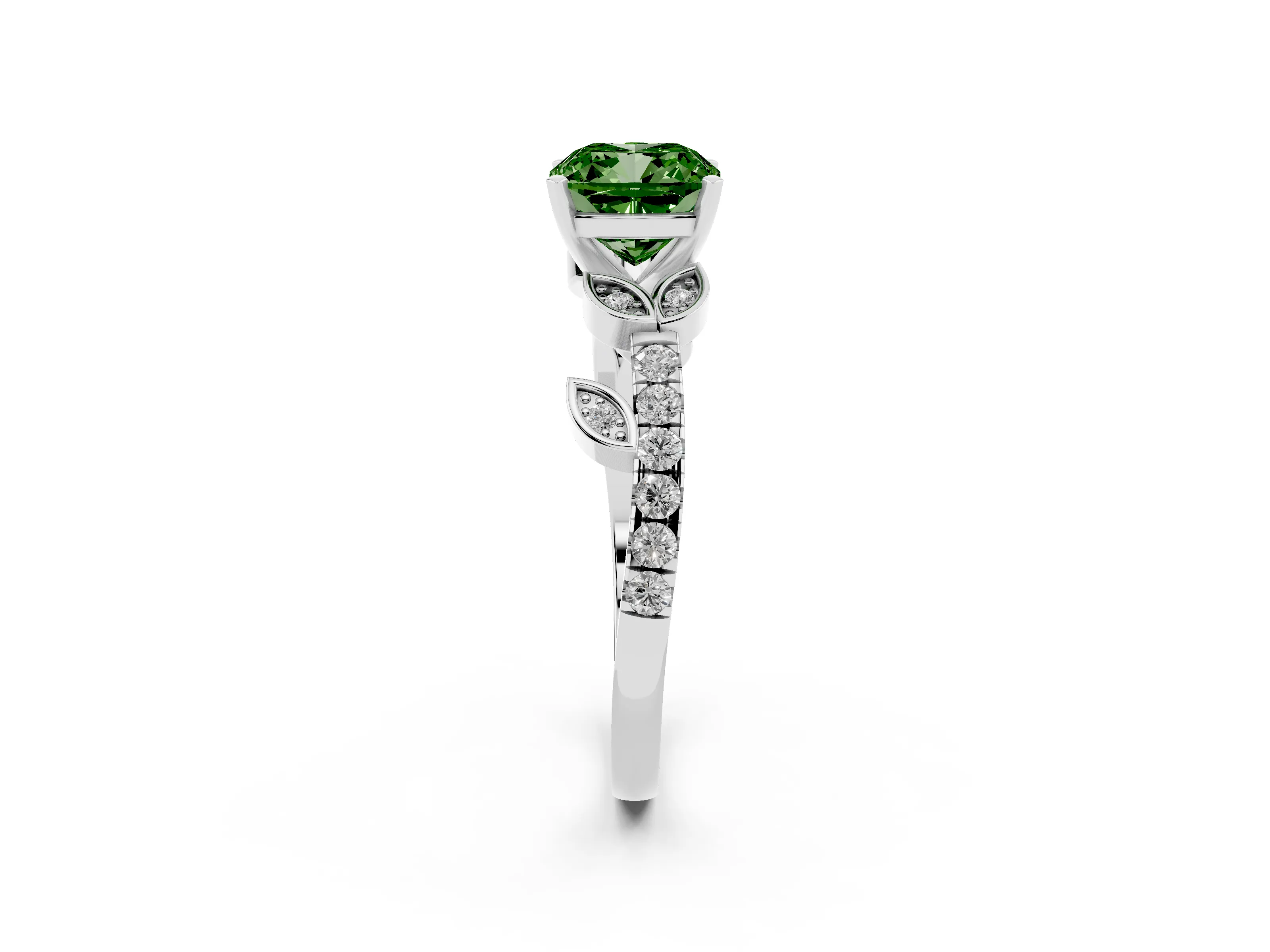 Fancy Green Cushion Cut Diamond Solitaire Leaf-Inspired Ring Set in Platinum with Pavé Band and Prong Setting
